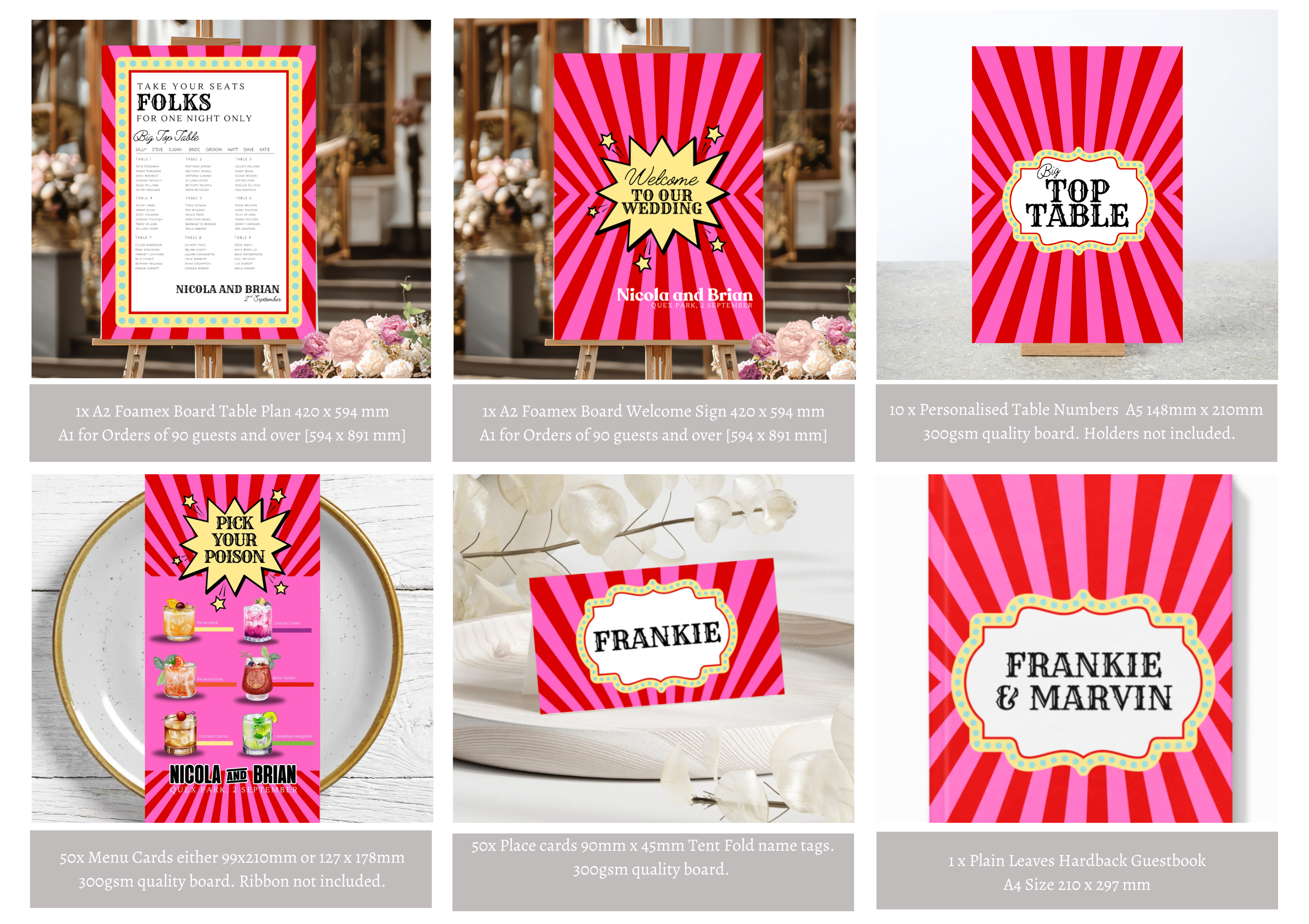 A collection of on the day wedding stationery suitable for a carnival funfair playful themed wedding. Carnival funfair hot pink and red striped wedding on the day stationery collection including personalised welcome welcome signs, wedding order of events signs, wedding seating charts, table number cards, personalised cocktail or wedding food menus, place cards and wedding guest books. All bright, bold and colourful.