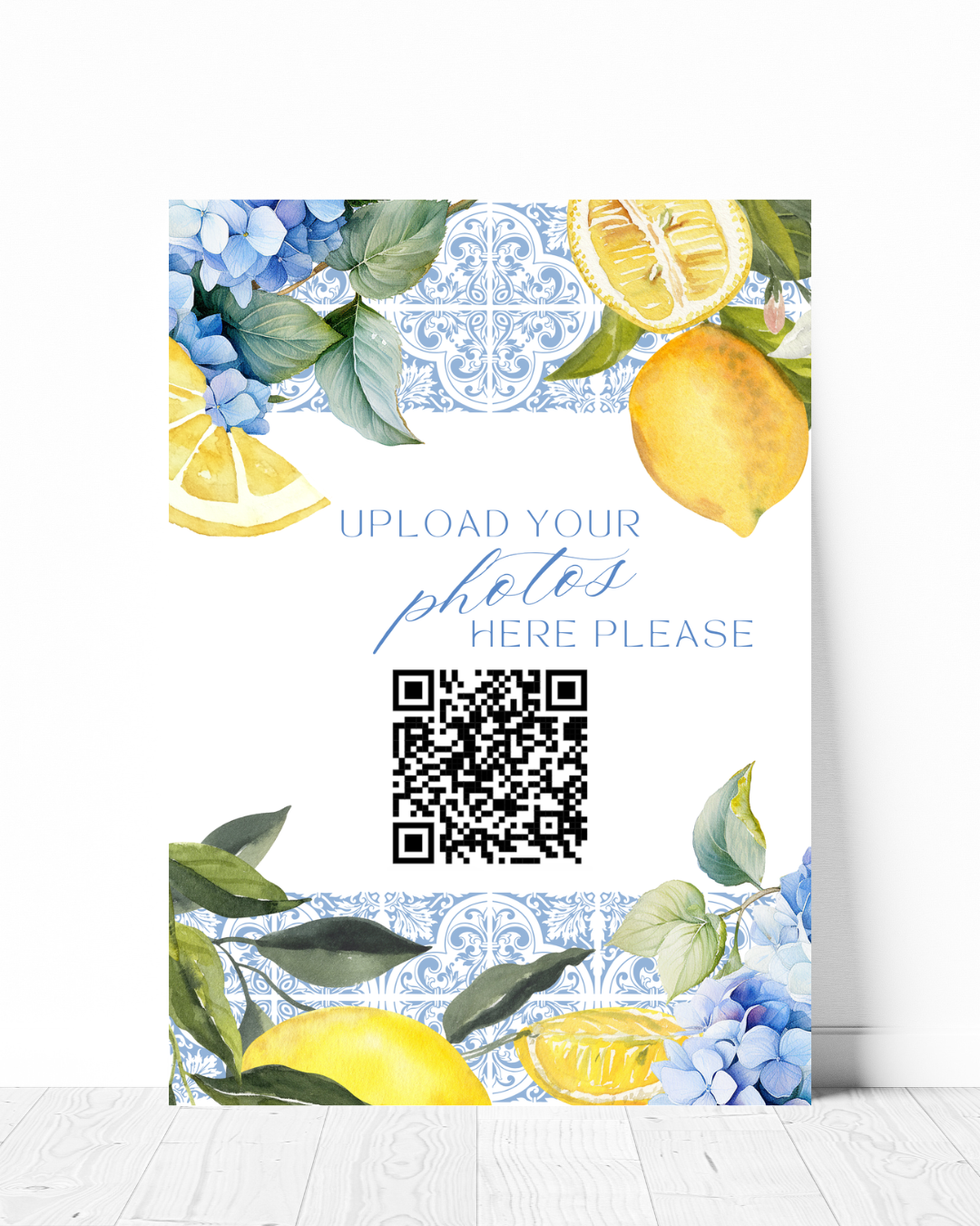 Italian lemon wedding welcome QR sign to upload photos in soft blues and with lemon and tile print design with personalisation