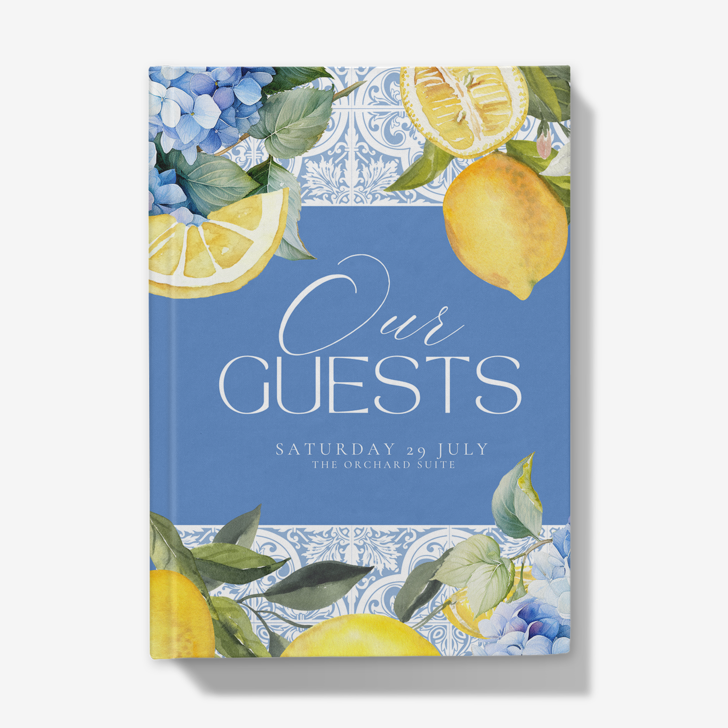 Blue and yellow Italian Lemon inspired personalised wedding guest book