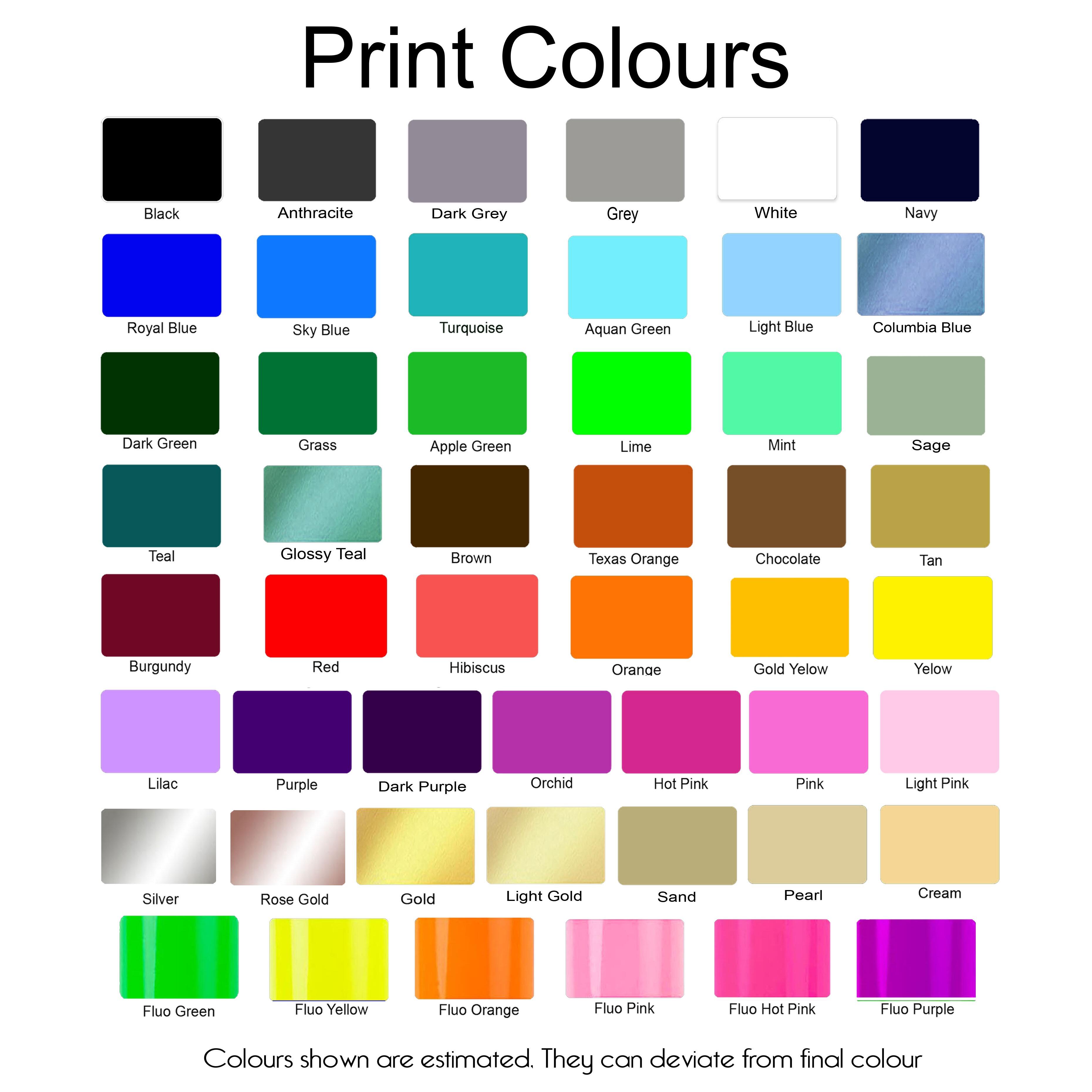 50 Print Colours to Select