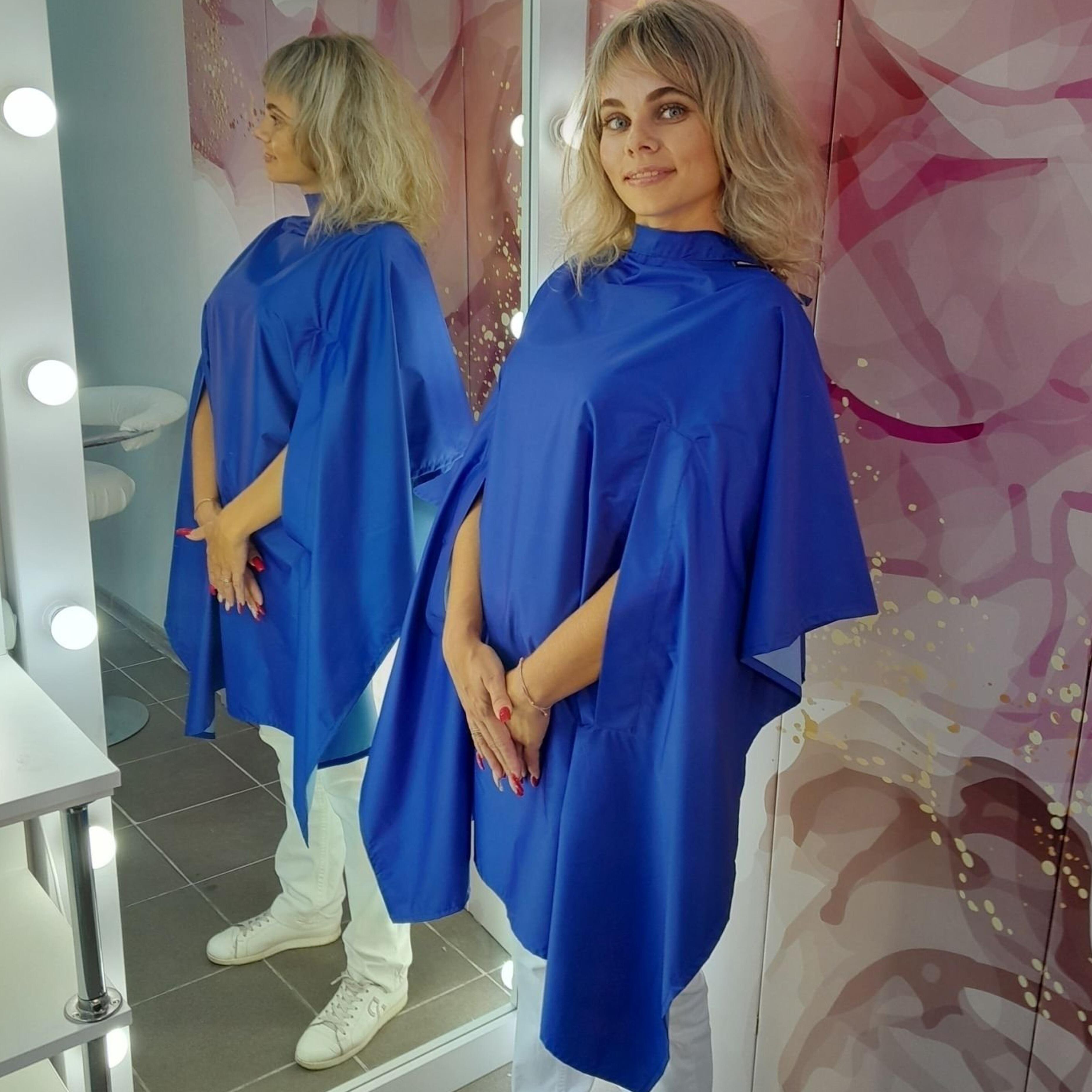 Custom hairdressing gowns with hand slits royal blue