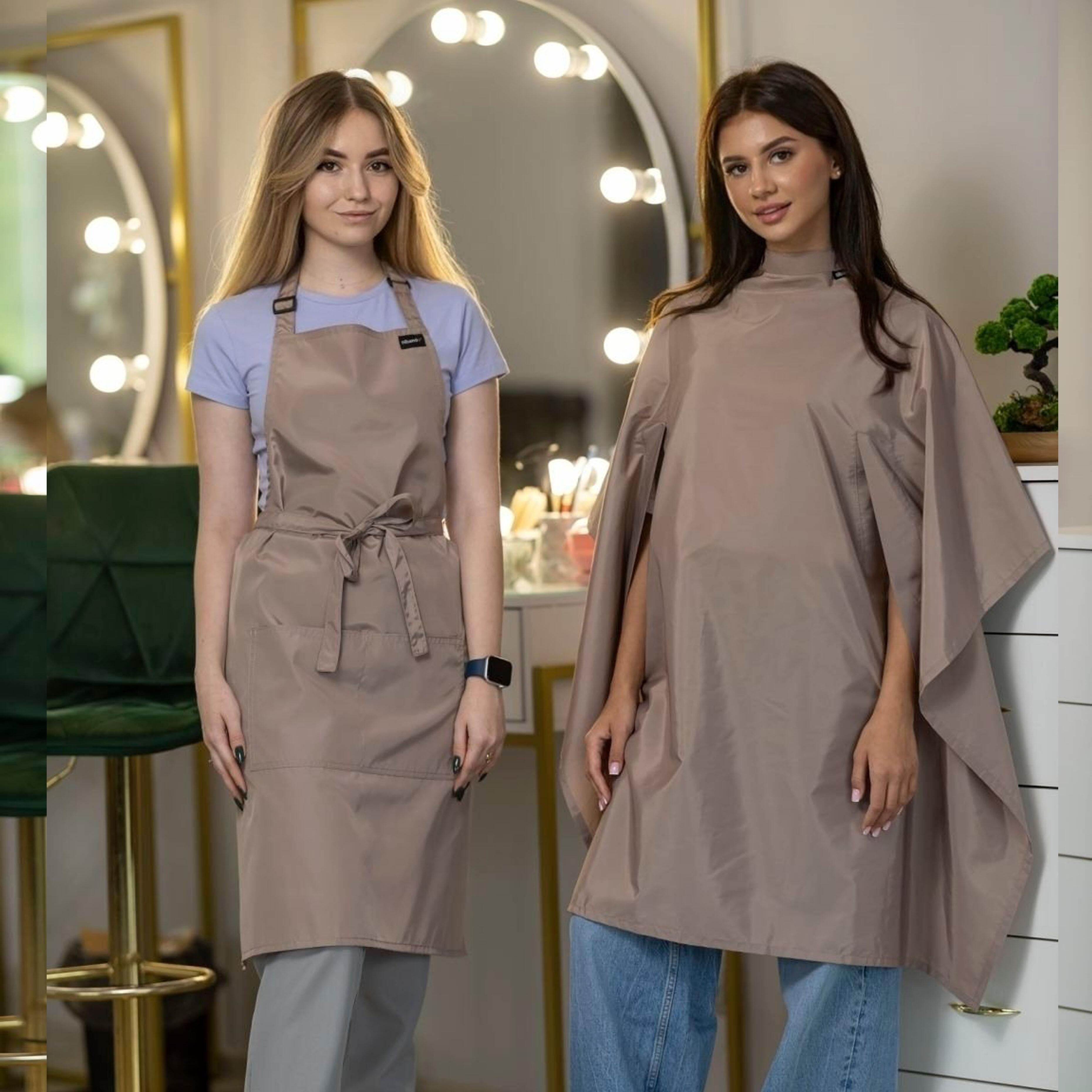 Hair salon cape with hand slits and aprons latte
