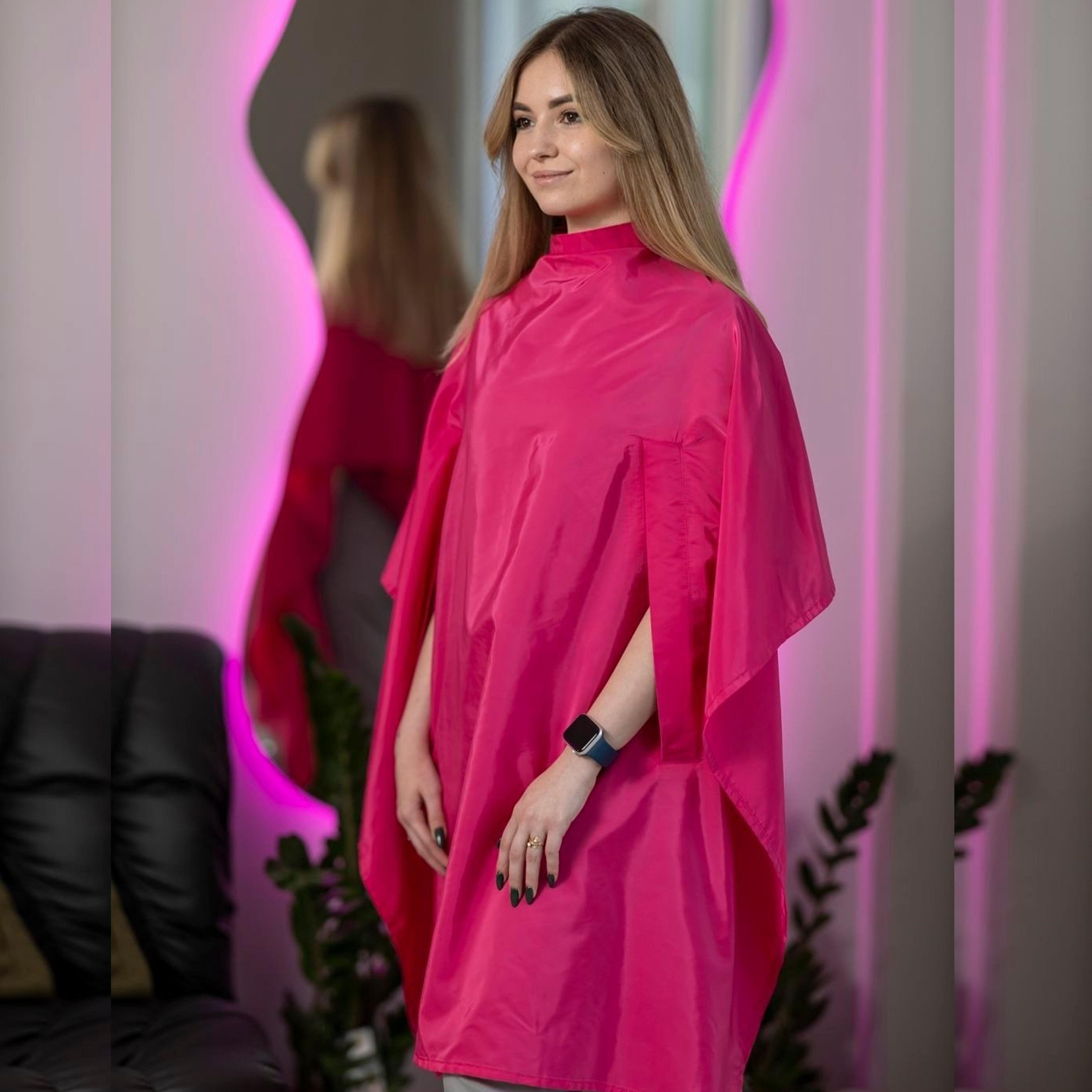 Hot Pink Custom Hair salon cape with hand slits with logo