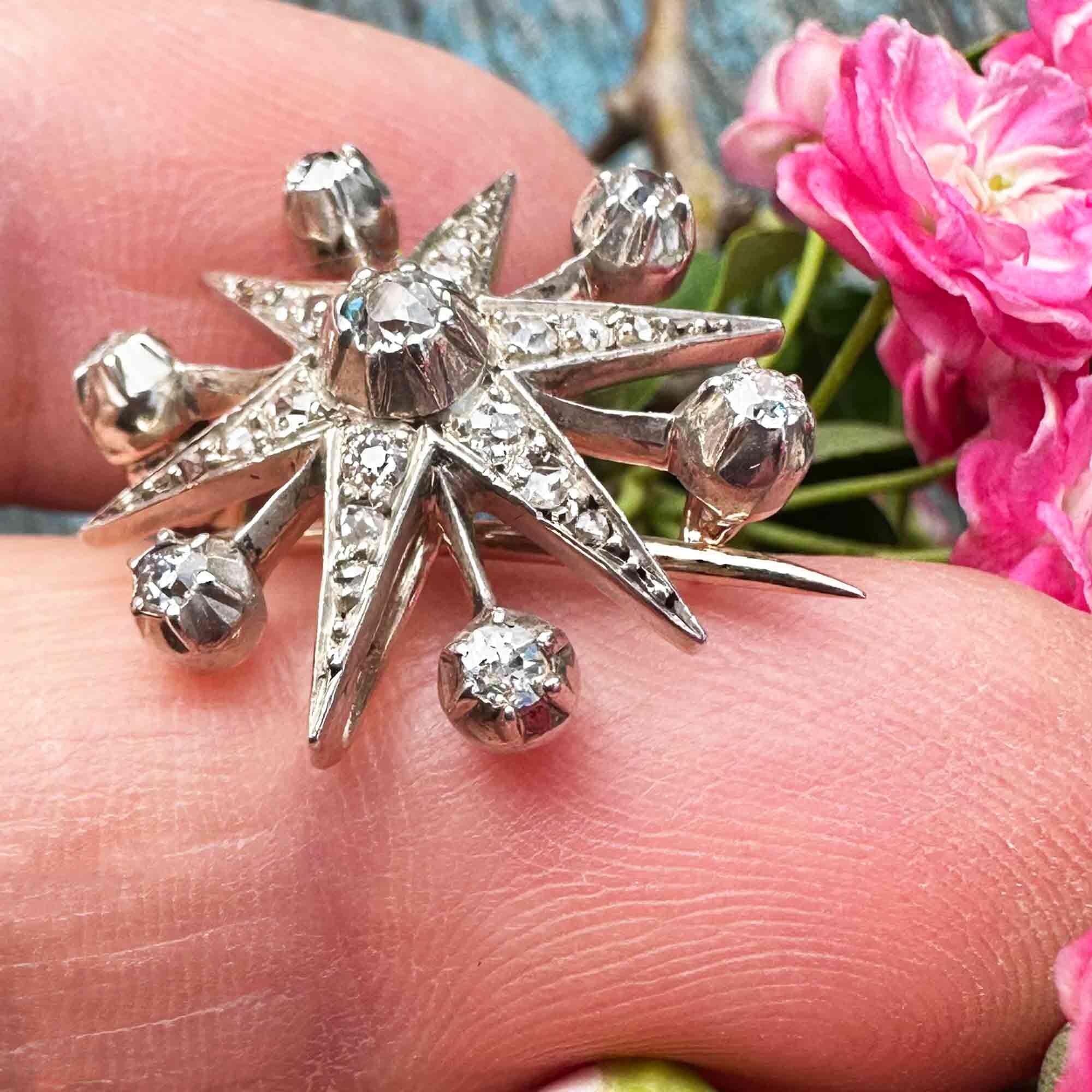 Victorian diamond star pendant / brooch on hand in garden.
