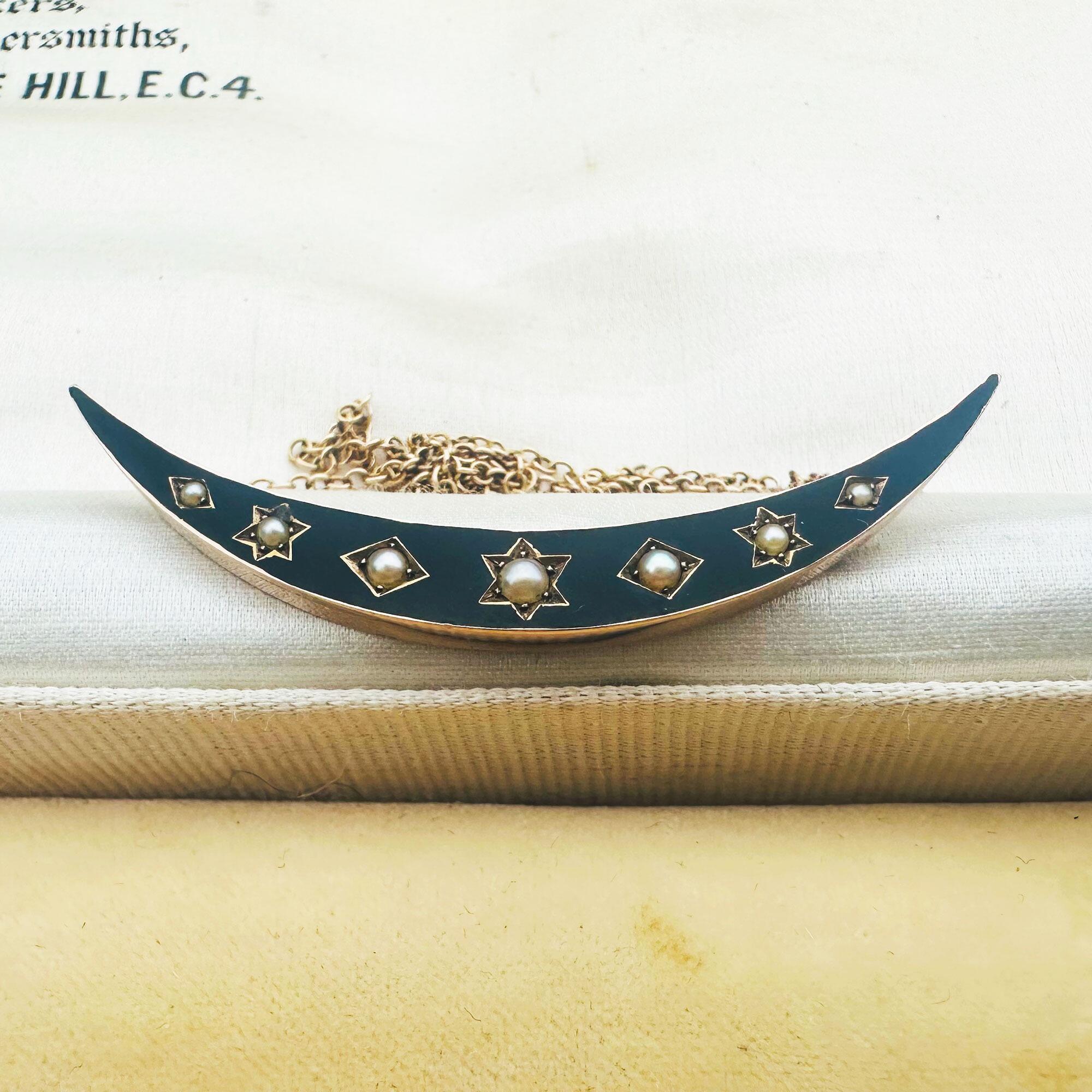 Victorian 15k Rose Gold Black Enamel & Pearl Crescent Moon Pendant on antique box