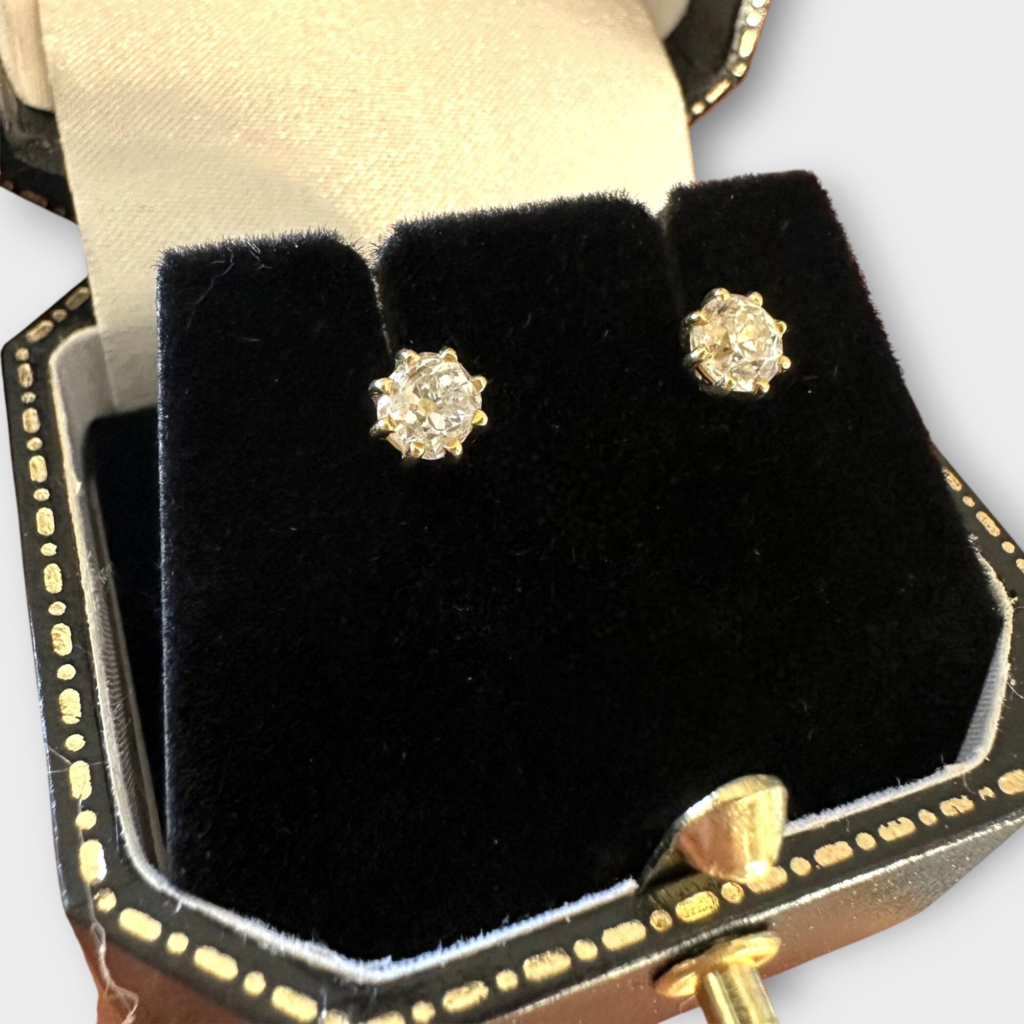 Old European Cut Diamond Earrings: 18k Gold Solitaire Studs (0.80ct) displayed in velvet box