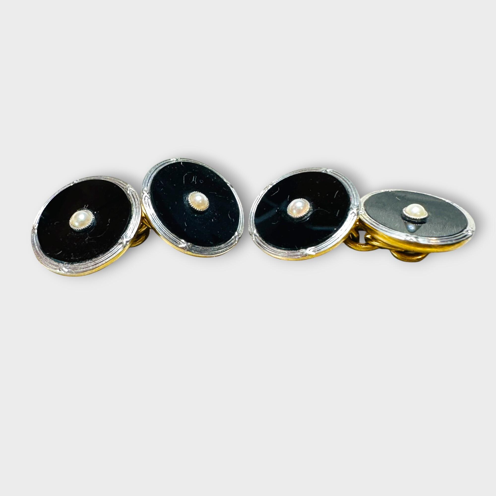 Art Deco 18ct Gold & Platinum Black Onyx and Pearl Cufflinks, side view.