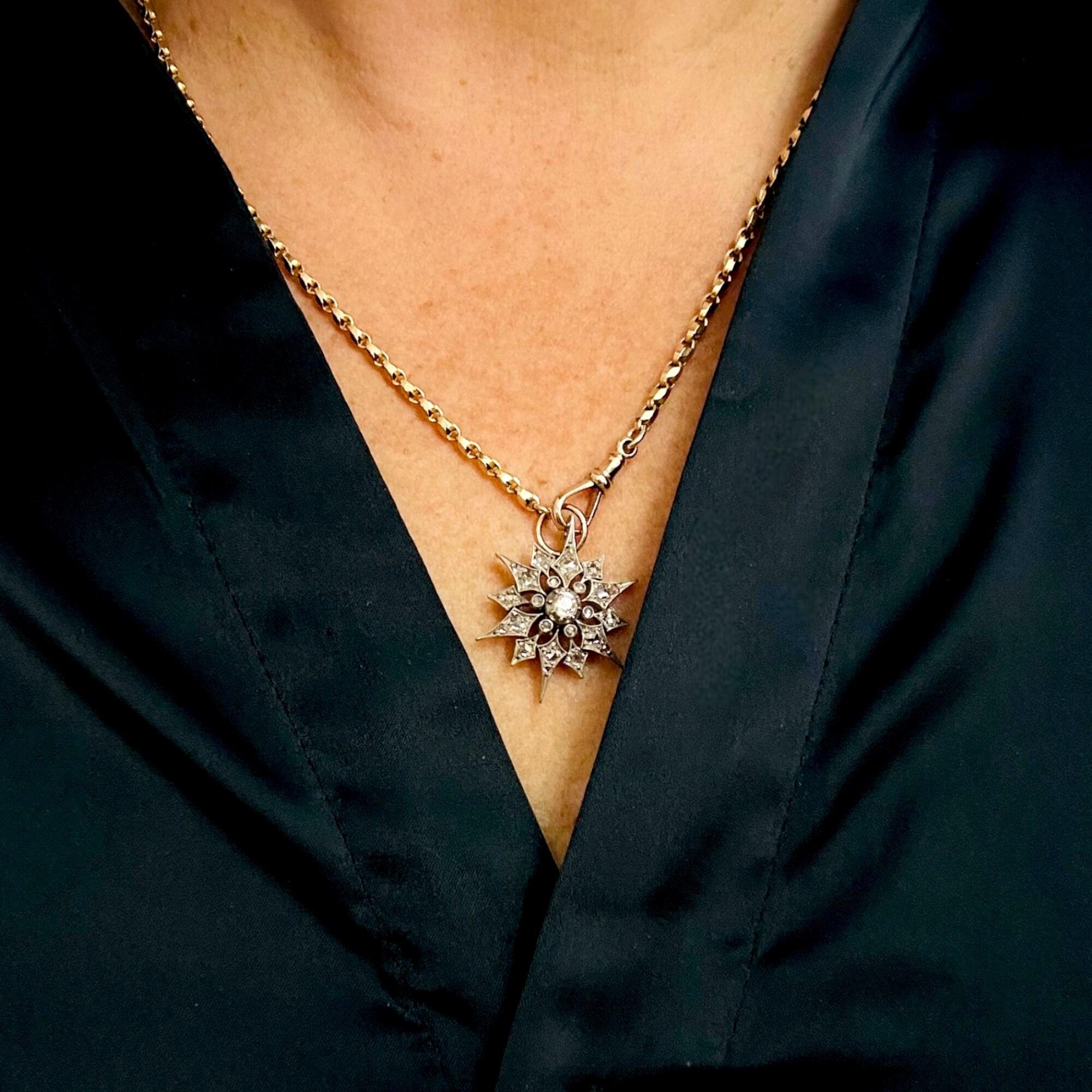 Victorian Diamond Star Pendant, Antique Silver & Rose Gold Starburst, displayed on models neck.