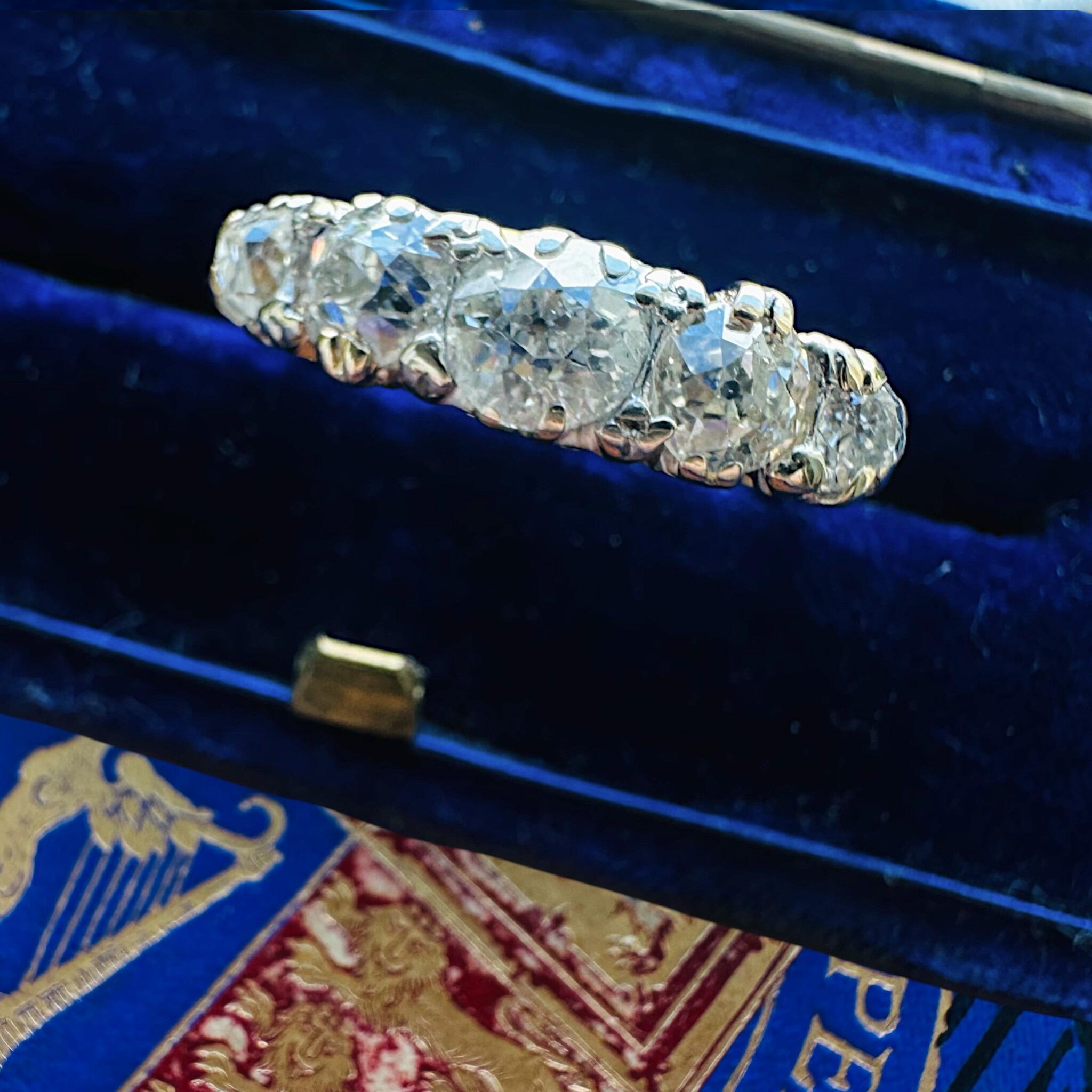 side view, Victorian old-cut Diamond 1.86ct carved hoop ring displayed in antique box