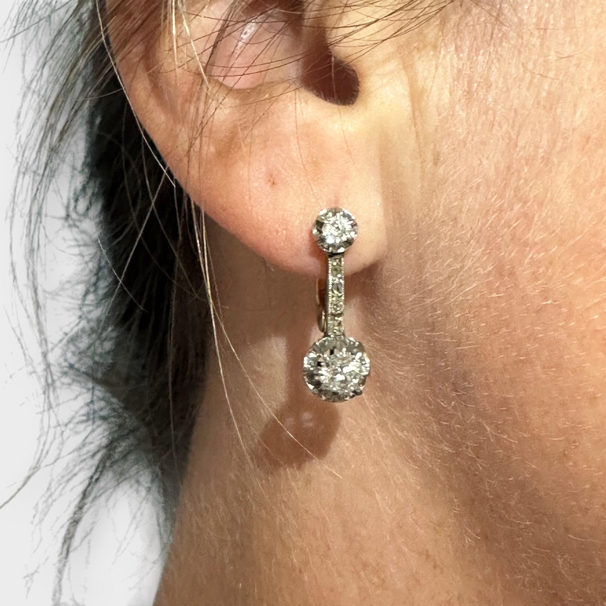 French Belle Époque Dormeuse Earrings in 18K Gold with 0.50ct Diamonds – Hallmarked with French Eagle, displayed on model