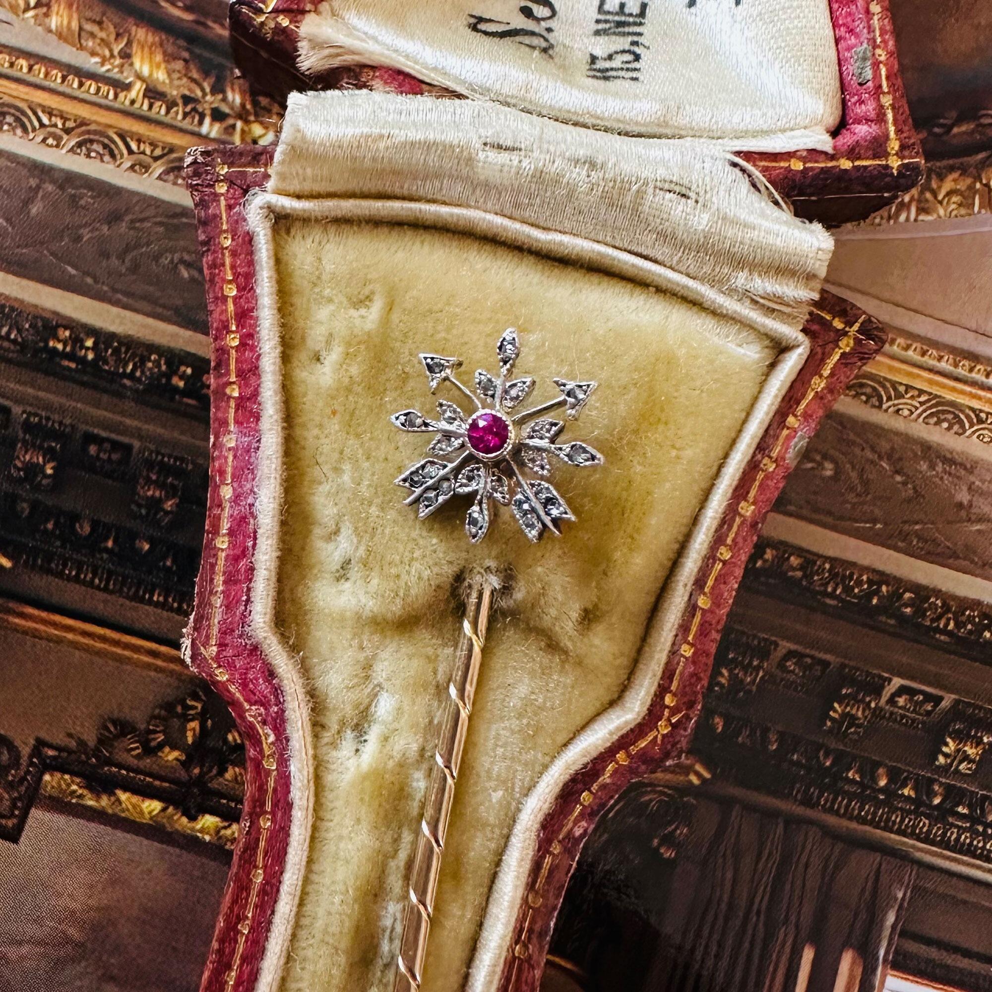 Rare Gold Ruby & Diamond Arrow Stick Pin in antique S J Phillips, Bond Street London box