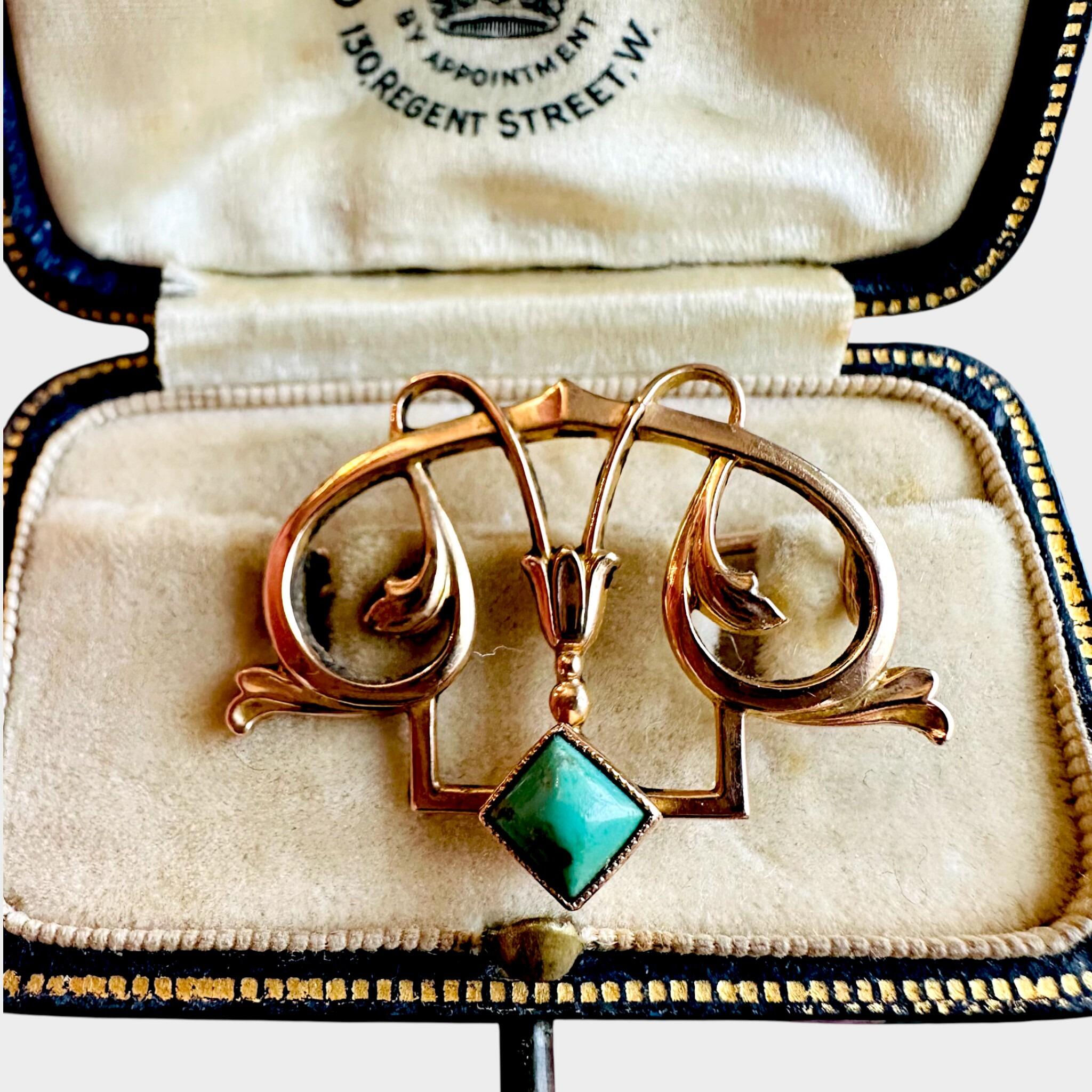 Art Nouveau Jugendstil Turquoise Brooch in 9k Rose Gold, displayed in antique box.
