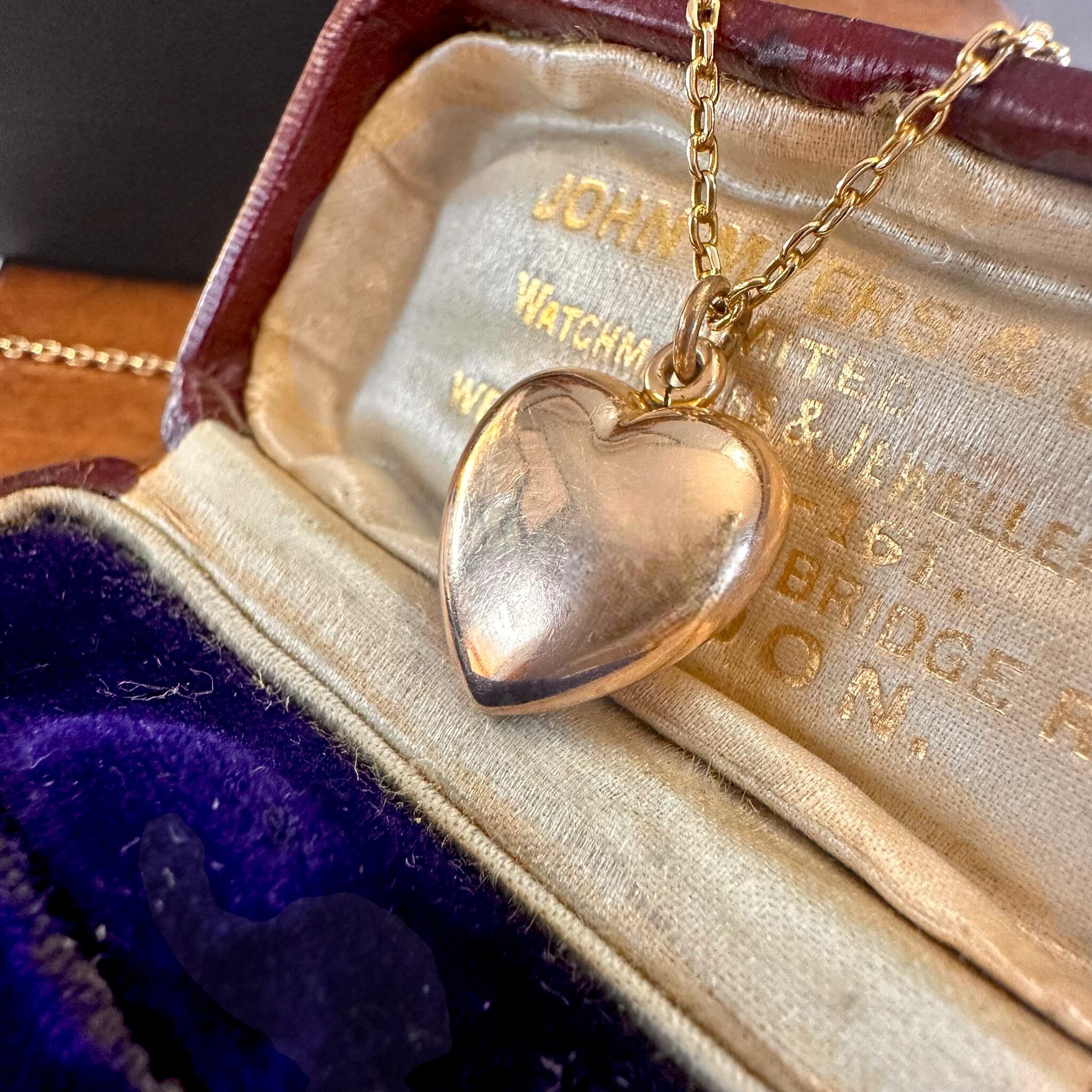 15ct Rose Gold Puffy Heart Pendant displayed in antique box