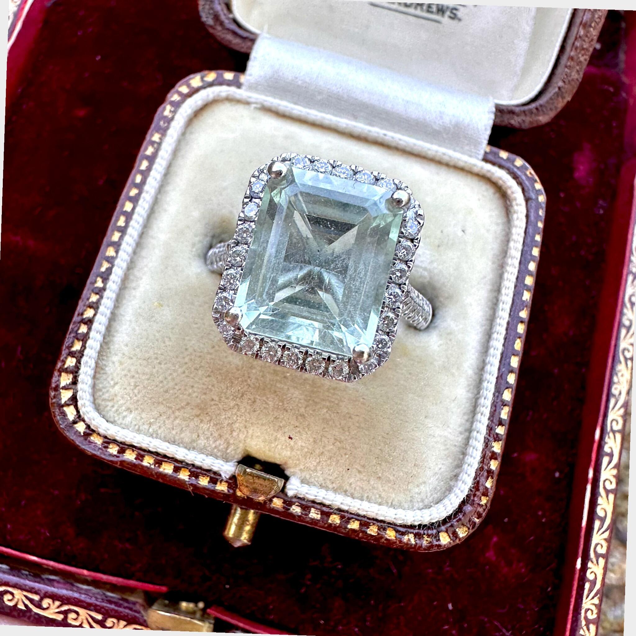 top view of Diamond Halo & Prasiolite Cluster Ring in 14k White Gold in antique box