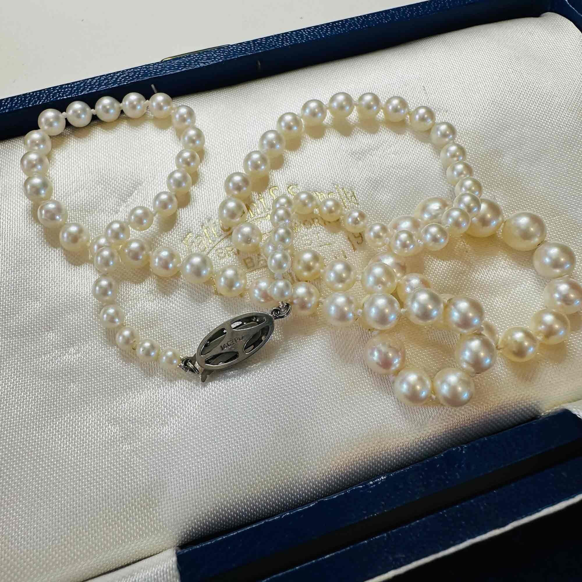14ct White Gold & Diamond Saltwater Cultured Pearl Necklace, displayed on antique box