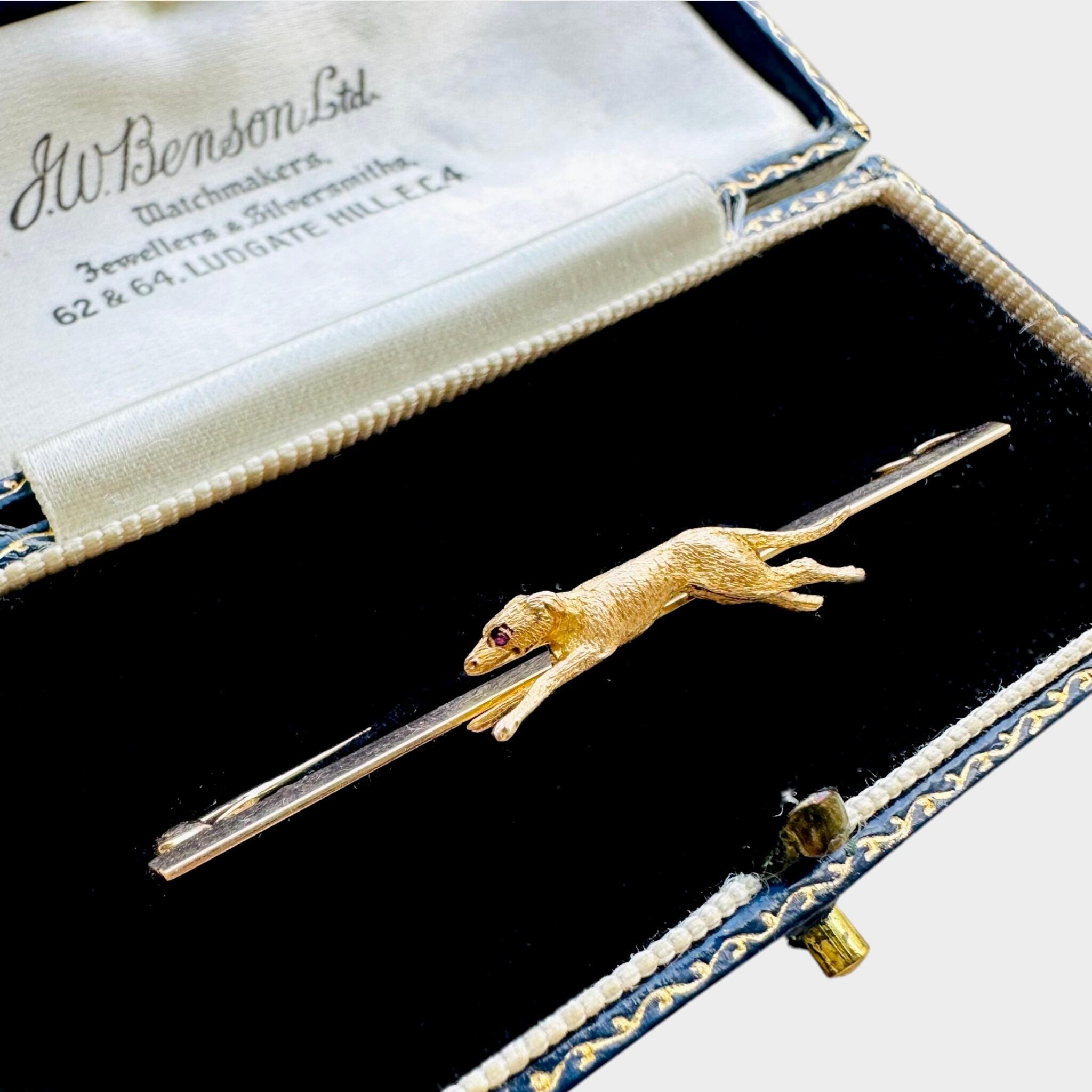 Greyhound 9k Gold Dog Pin with Ruby Eye & Original J W Benson Blue Leather Box with grey background