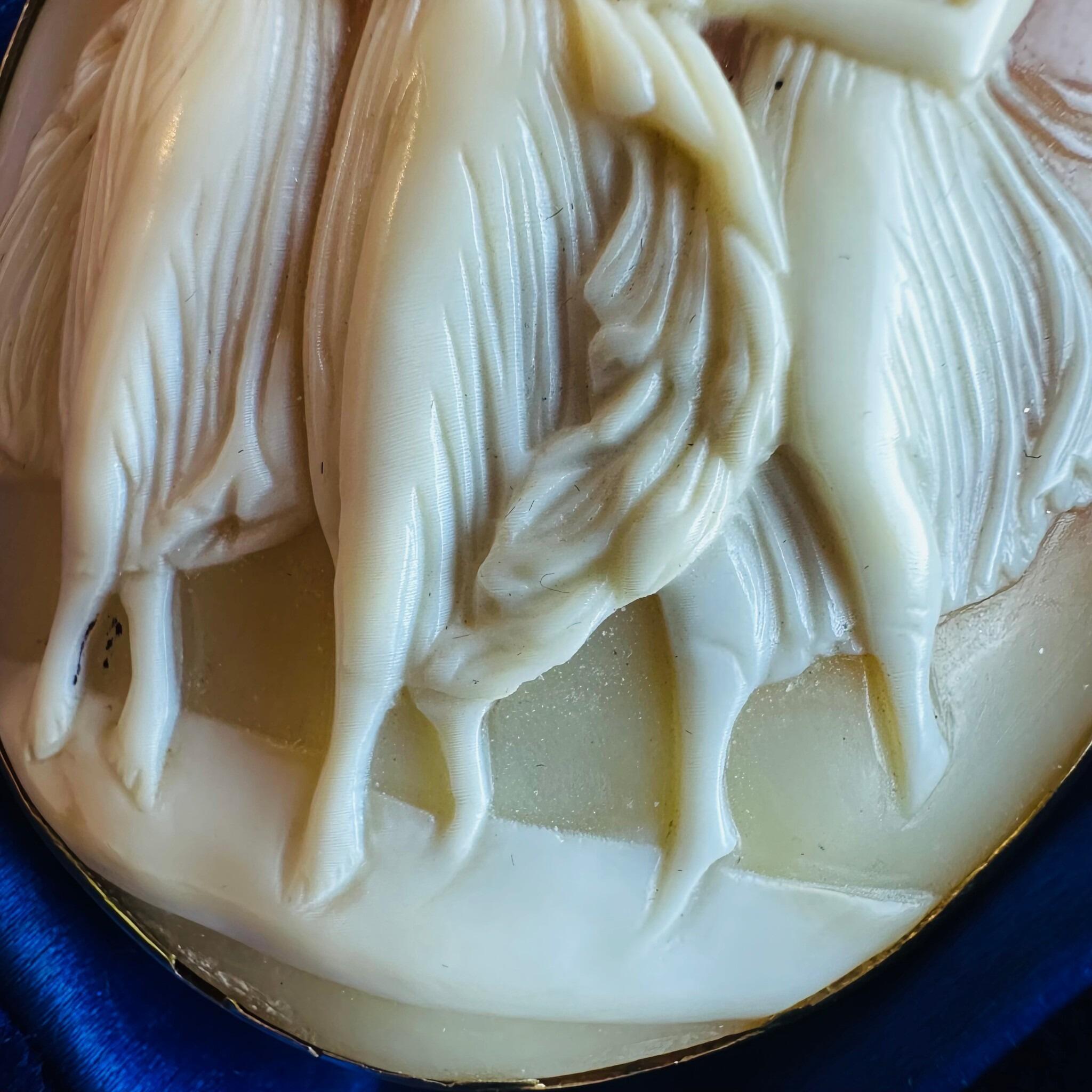 close up of Antique Cameo Brooch Three Graces – Italian Shell Carving, Signed, Gold Mount