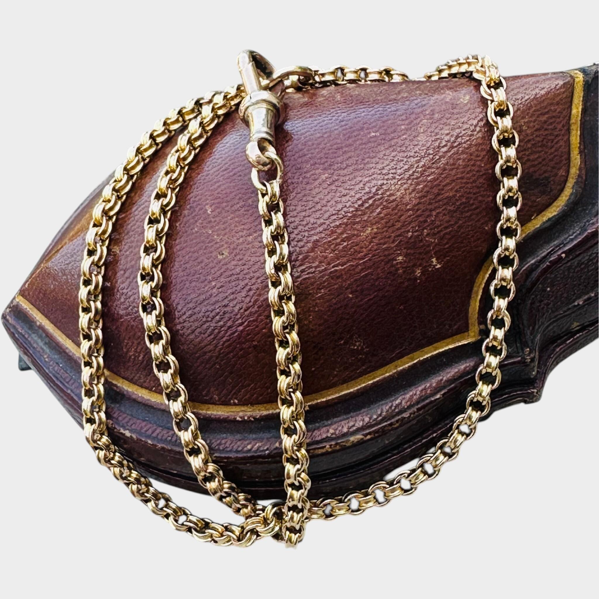 Antique 9ct Gold Double Belcher Link Chain Necklace & Edwardian Dog Clip Clasp, displayed on antique box