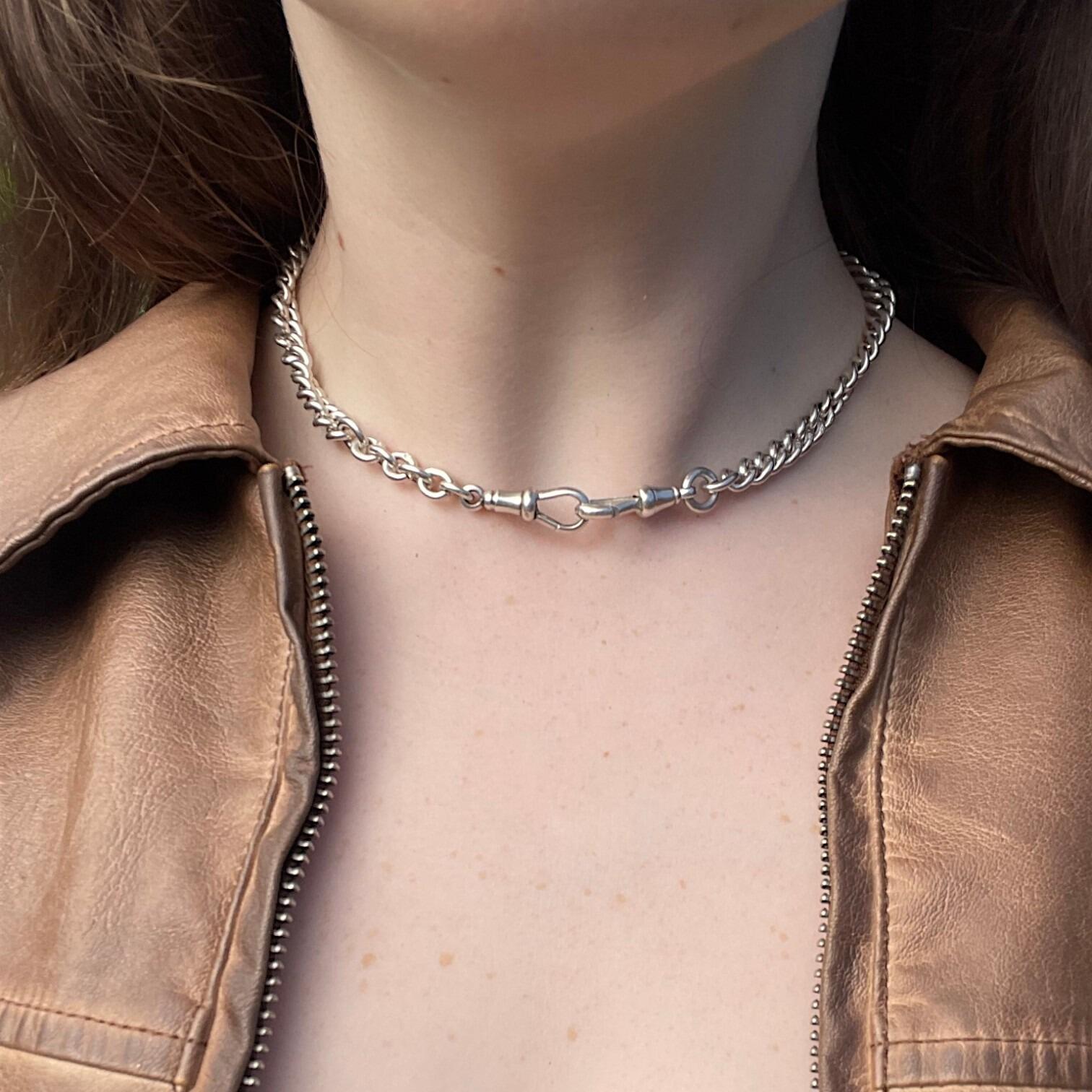Antique Chunky Silver Albert Chain Necklace, T-Bar & Dog Clip worn on models neck displaying Dog Clip