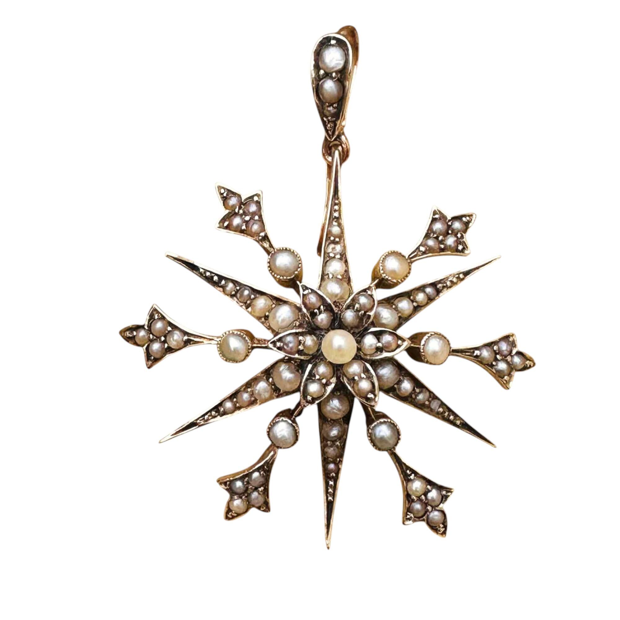 Antique, Victorian 9ct Gold Seed Pearl Star/snowflake pendant