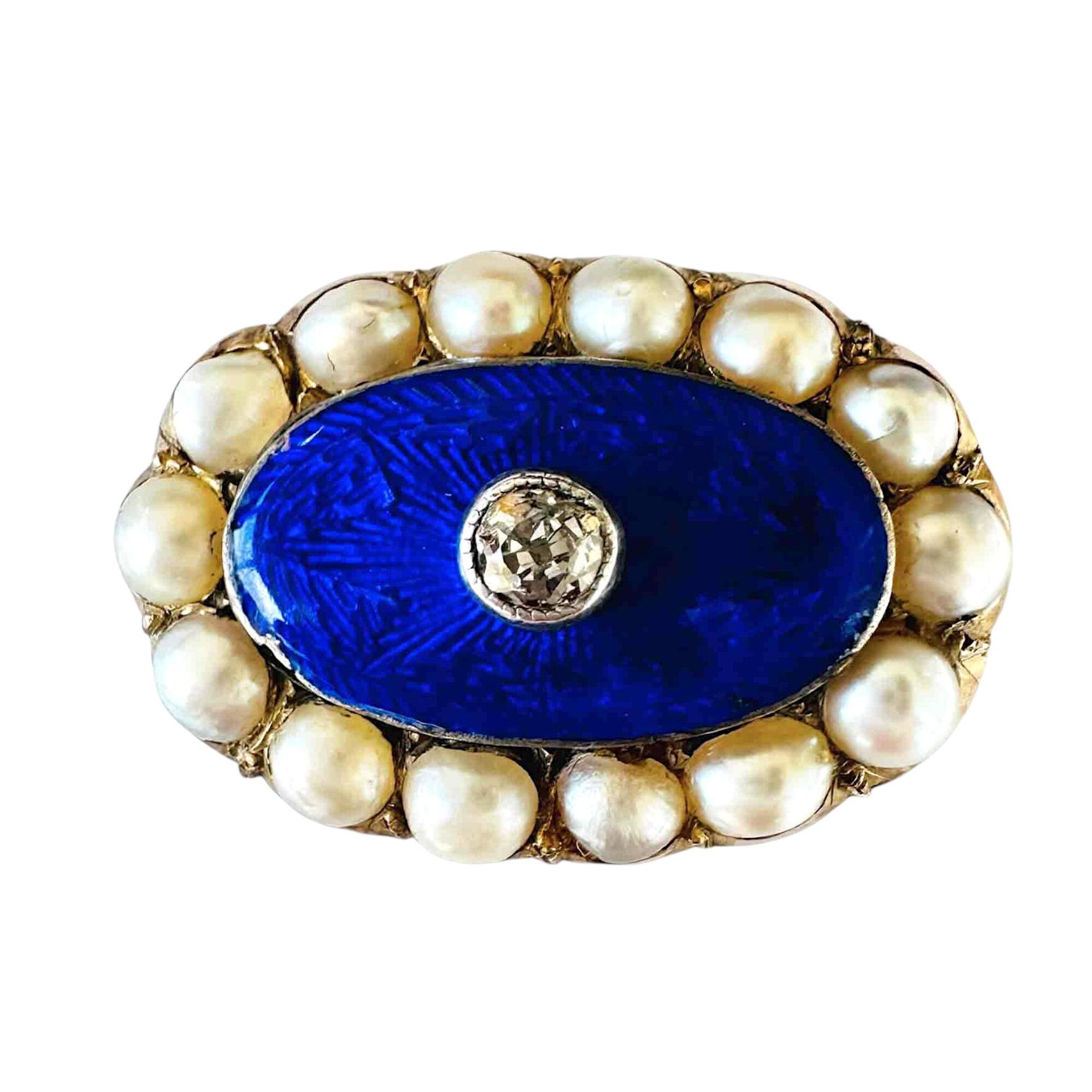 Georgian 18ct gold brooch with royal blue guilloche enamel, diamond, and pearl cluster