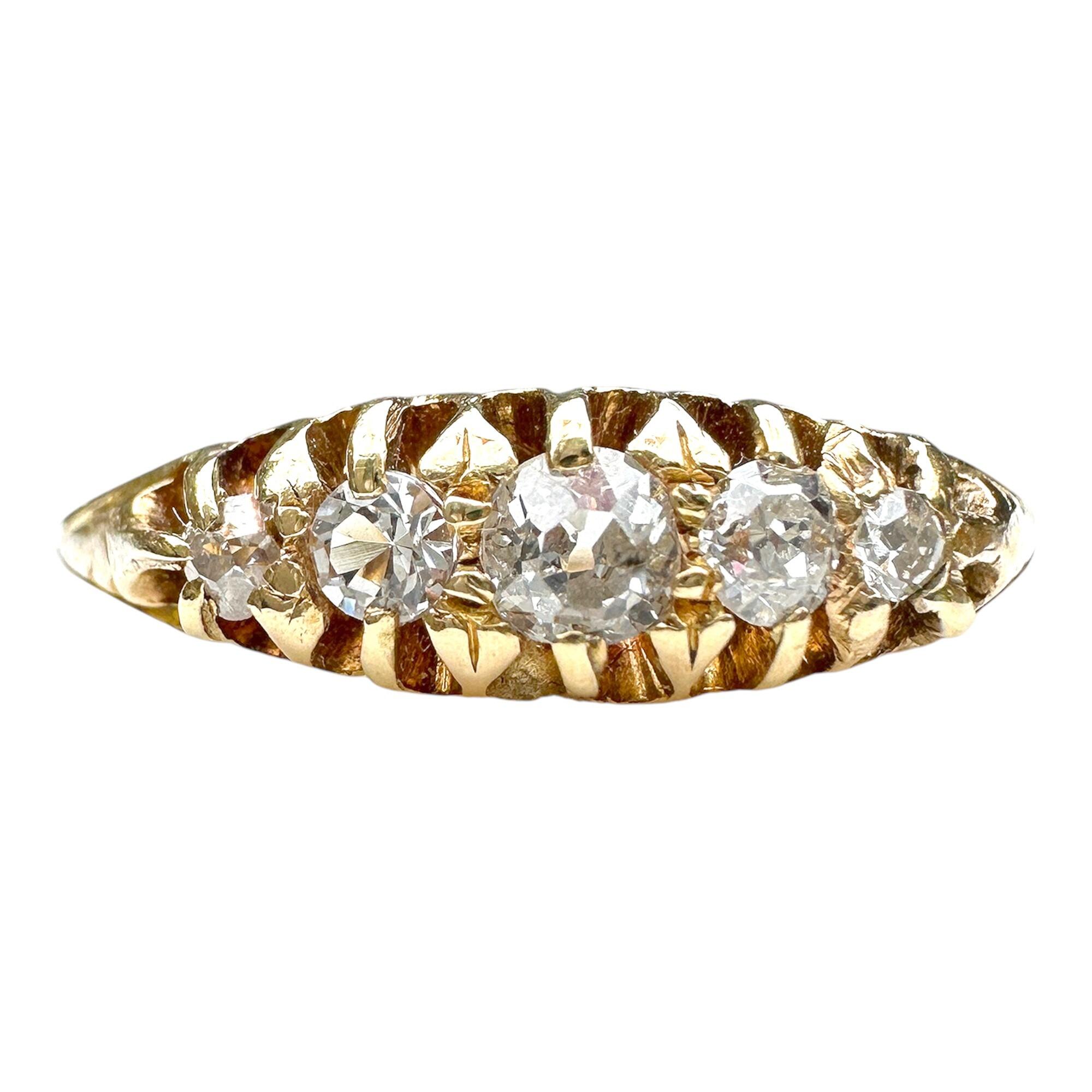 Victorian yellow gold five stone diamond carved hoop ring