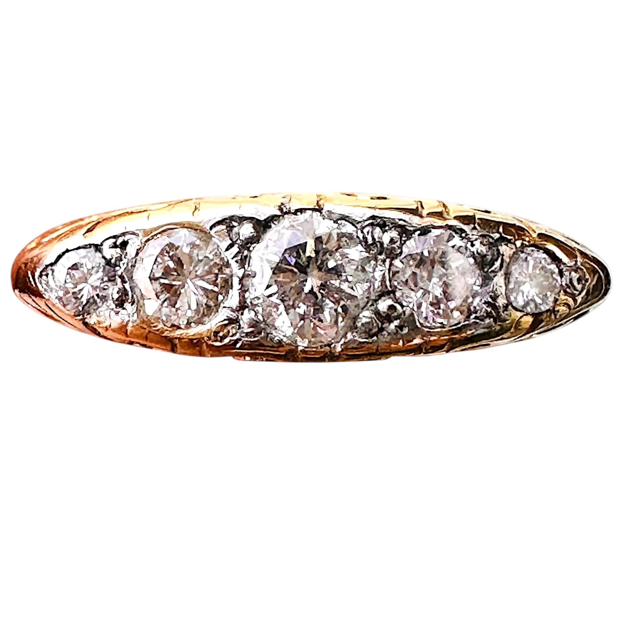 Victorian 18ct Gold Old-Cut Diamond Carved Hoop Ring, with white background.