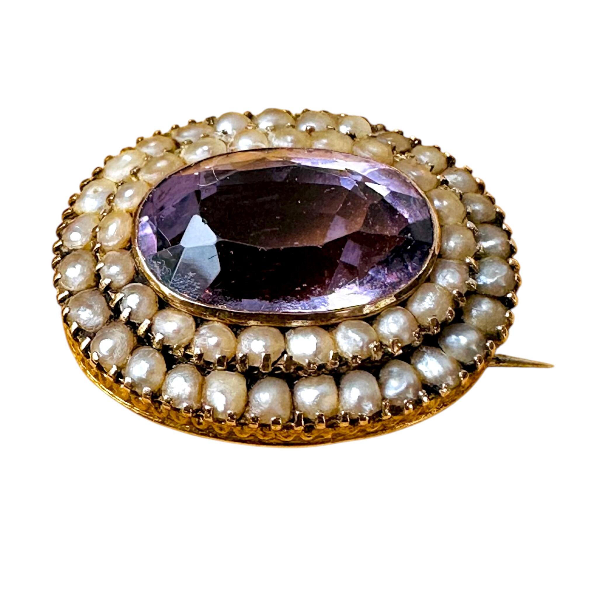 side profile of Antique Victorian Gold Rose de France Amethyst & Seed Pearl Brooch with white background