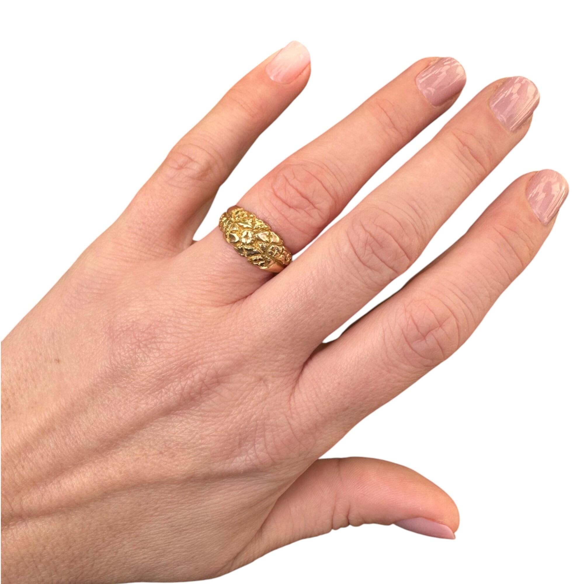 Antique Art Nouveau Gold English Repoussé Ivy & Rose Dress Ring worn on models hand with white background