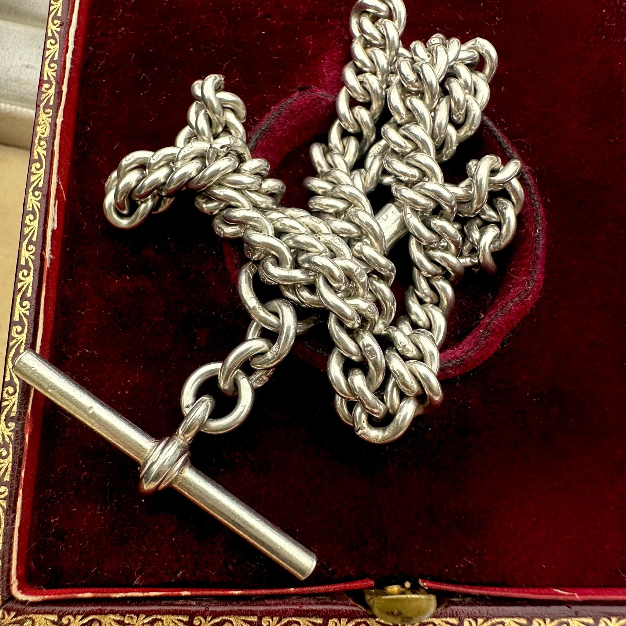 Antique Edwardian Sterling Silver Albert Chain, T Bar & Dog Clip displayed on red velvet