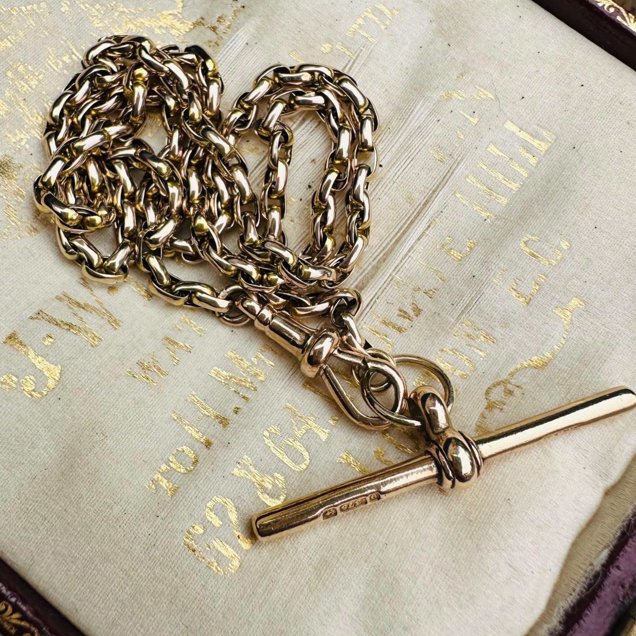 Antique Victorian 9k gold bike link chain showing handcrafted elongated links.