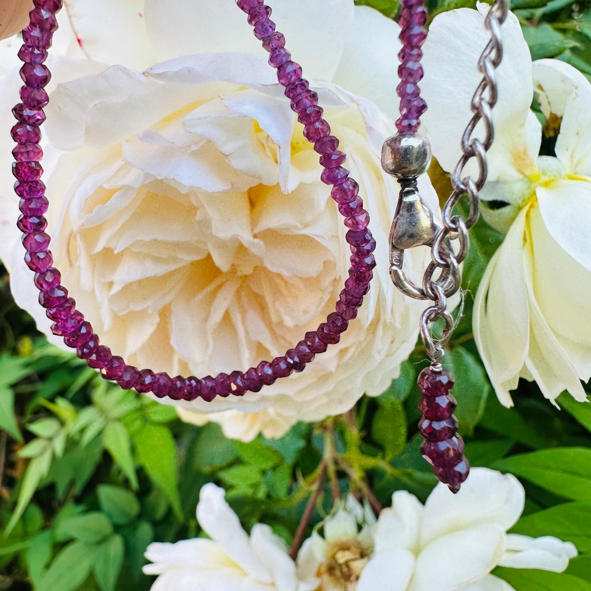 Silver & Amethyst Bead Necklace with garden backdrop