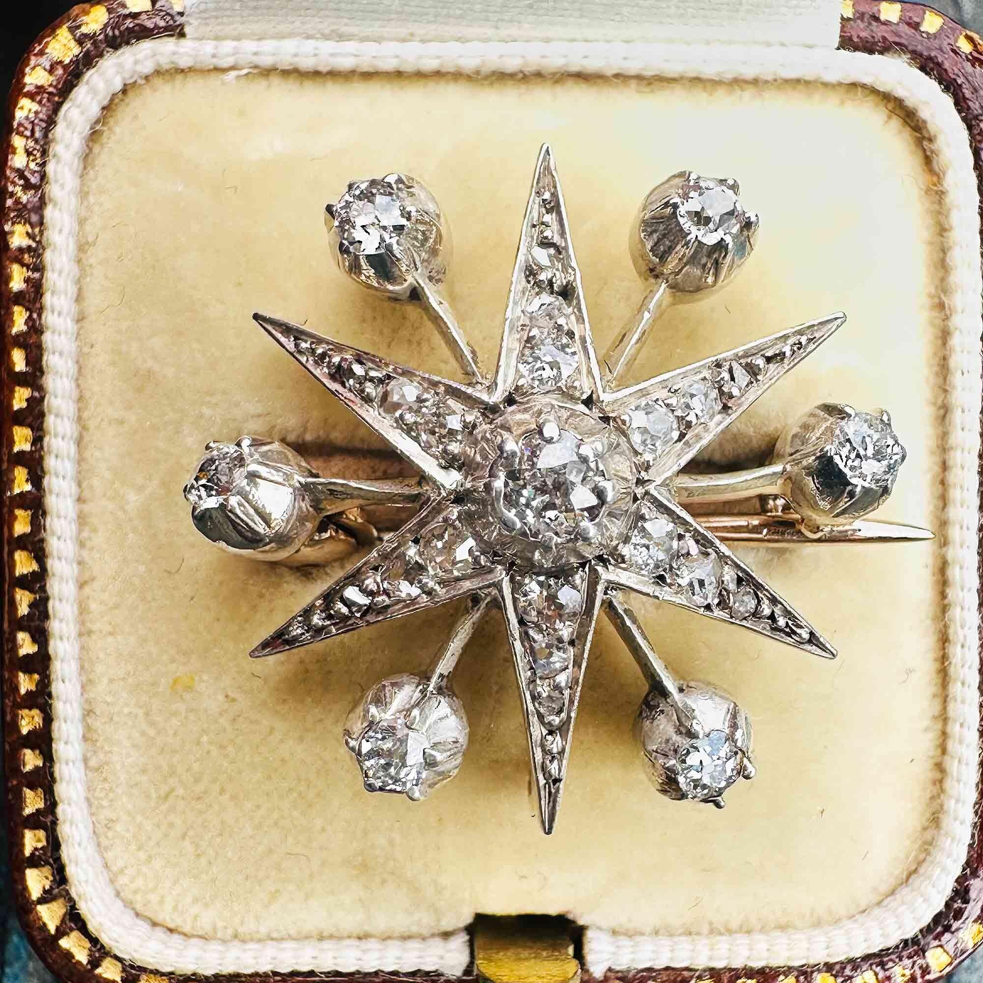 Victorian diamond star pendant / brooch on antique box.