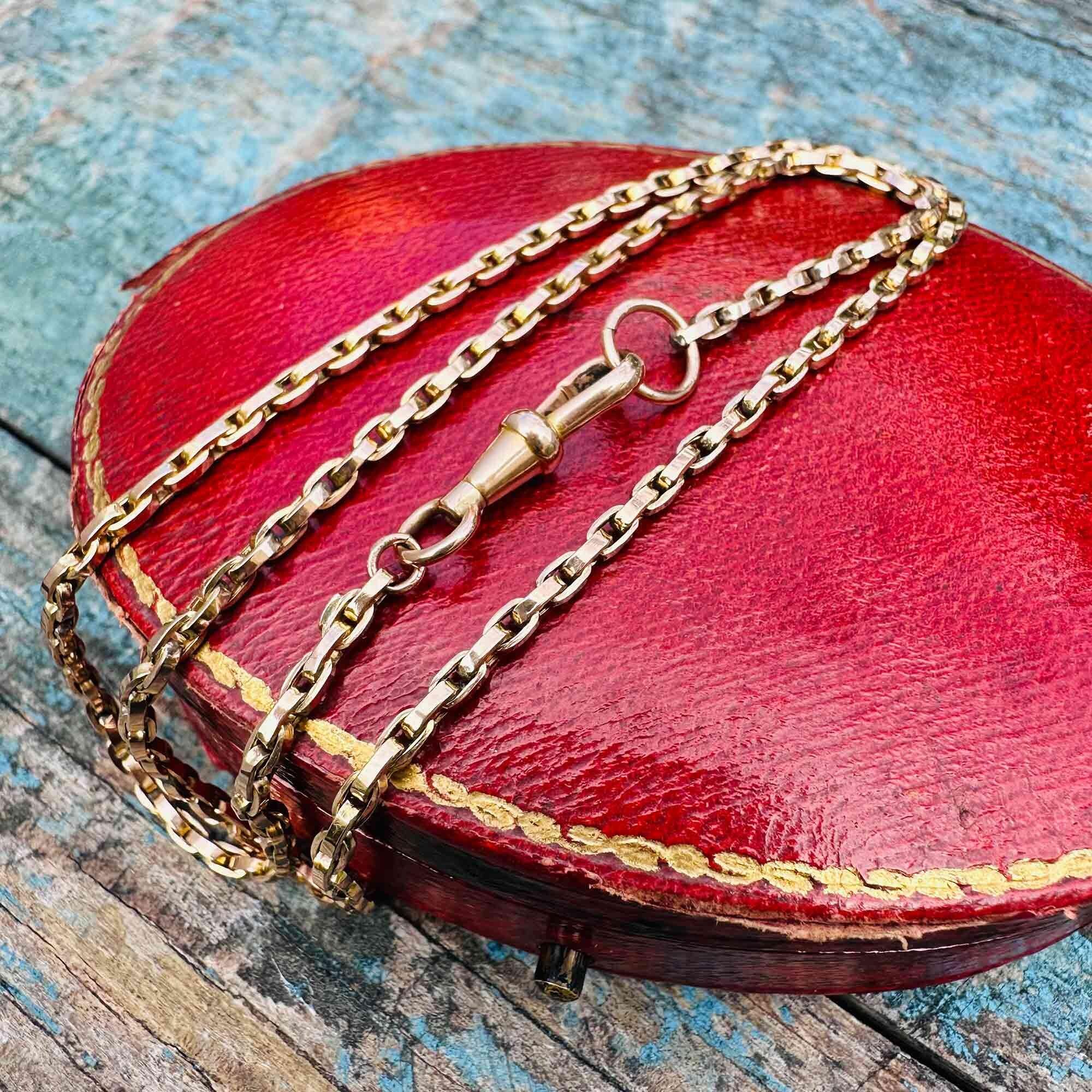Victorian 9k rose gold bike chain necklace with dog clip clasp – on antique box