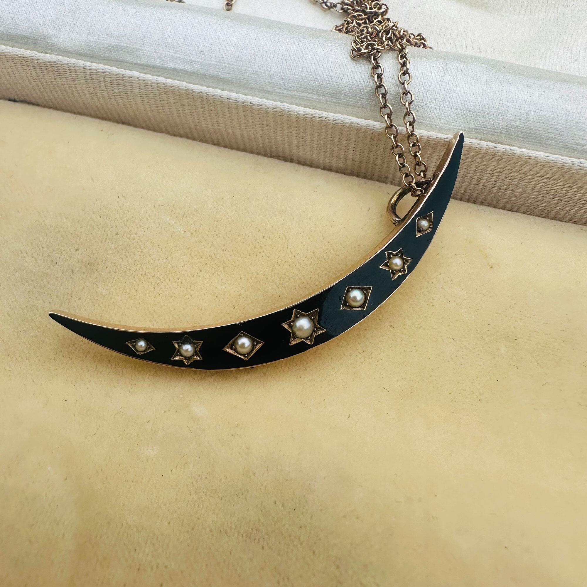 Victorian 15k Rose Gold Black Enamel & Pearl Crescent Moon Pendant on antique box