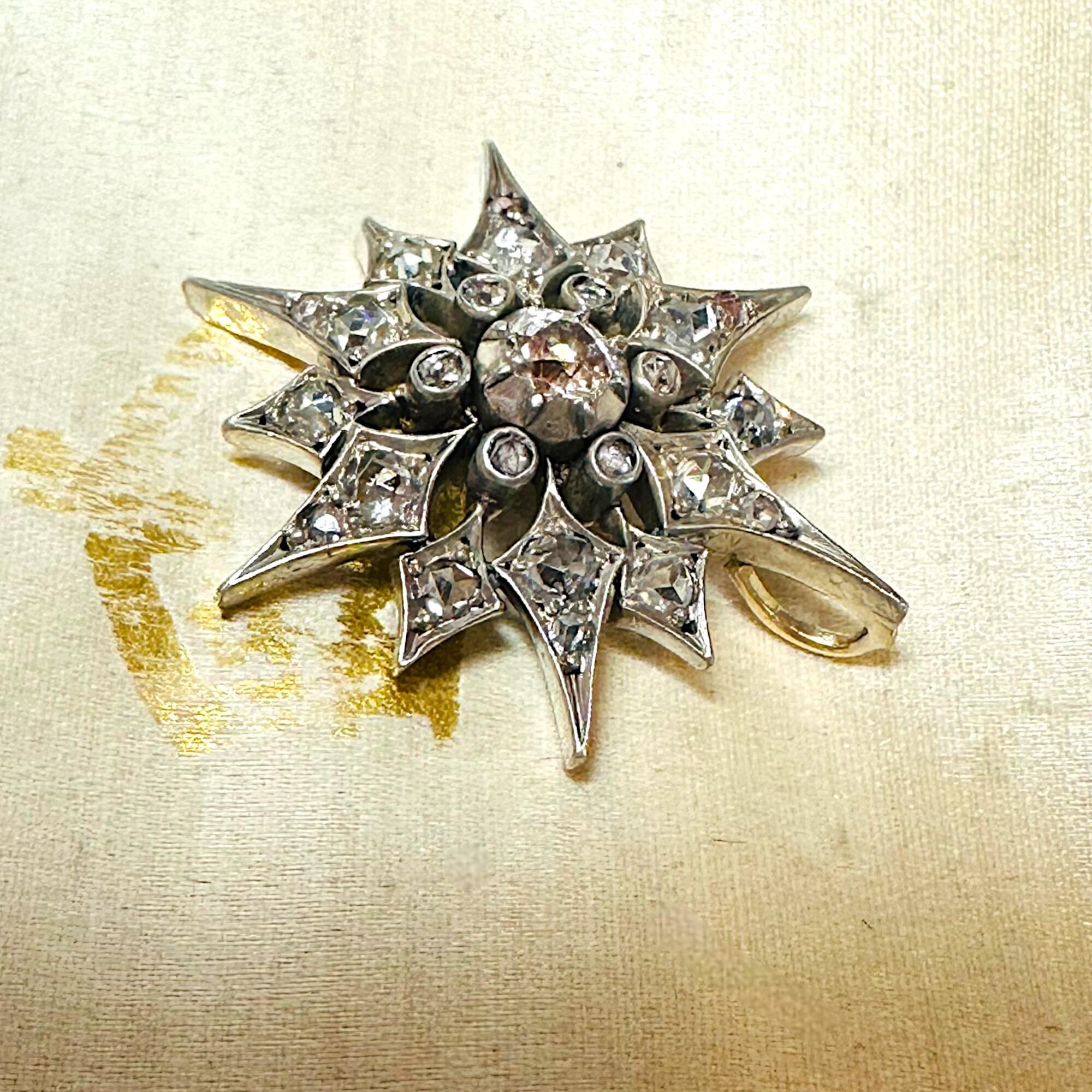 side view, Victorian Diamond Star Pendant, Antique Silver & Rose Gold Starburst, displayed in antique box