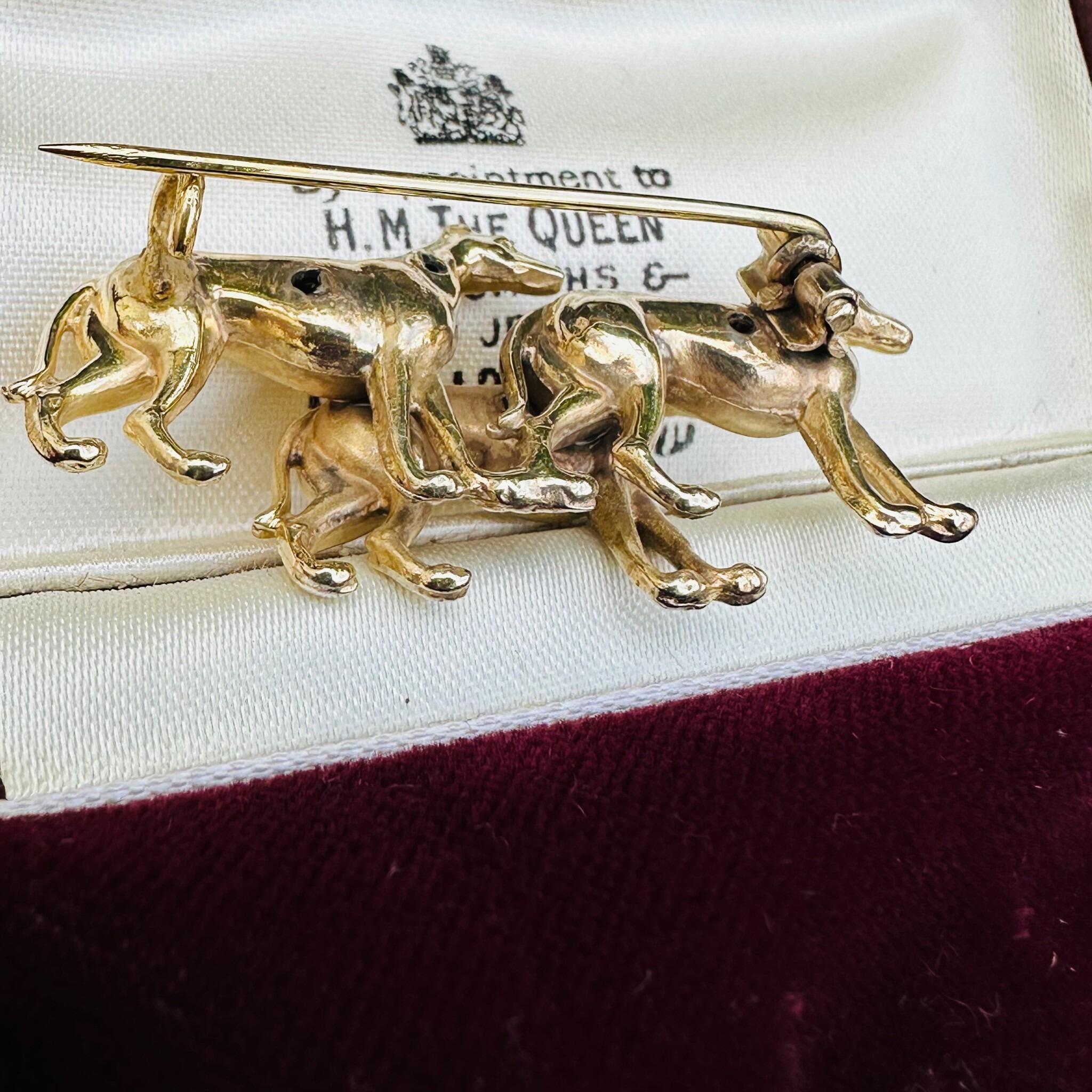 Rare, Antique 15k Gold Triple Greyhound Brooch with Diamond Eyes , displayed in antique box.