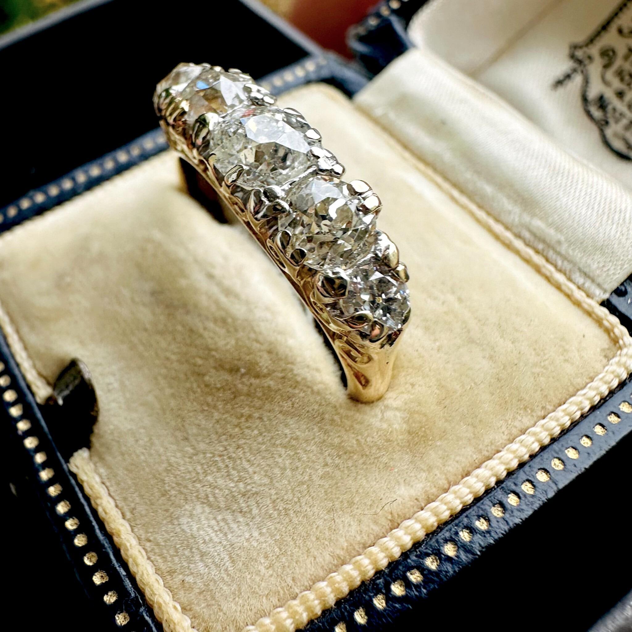 side view, Victorian old-cut Diamond 1.86ct carved hoop ring displayed in antique box