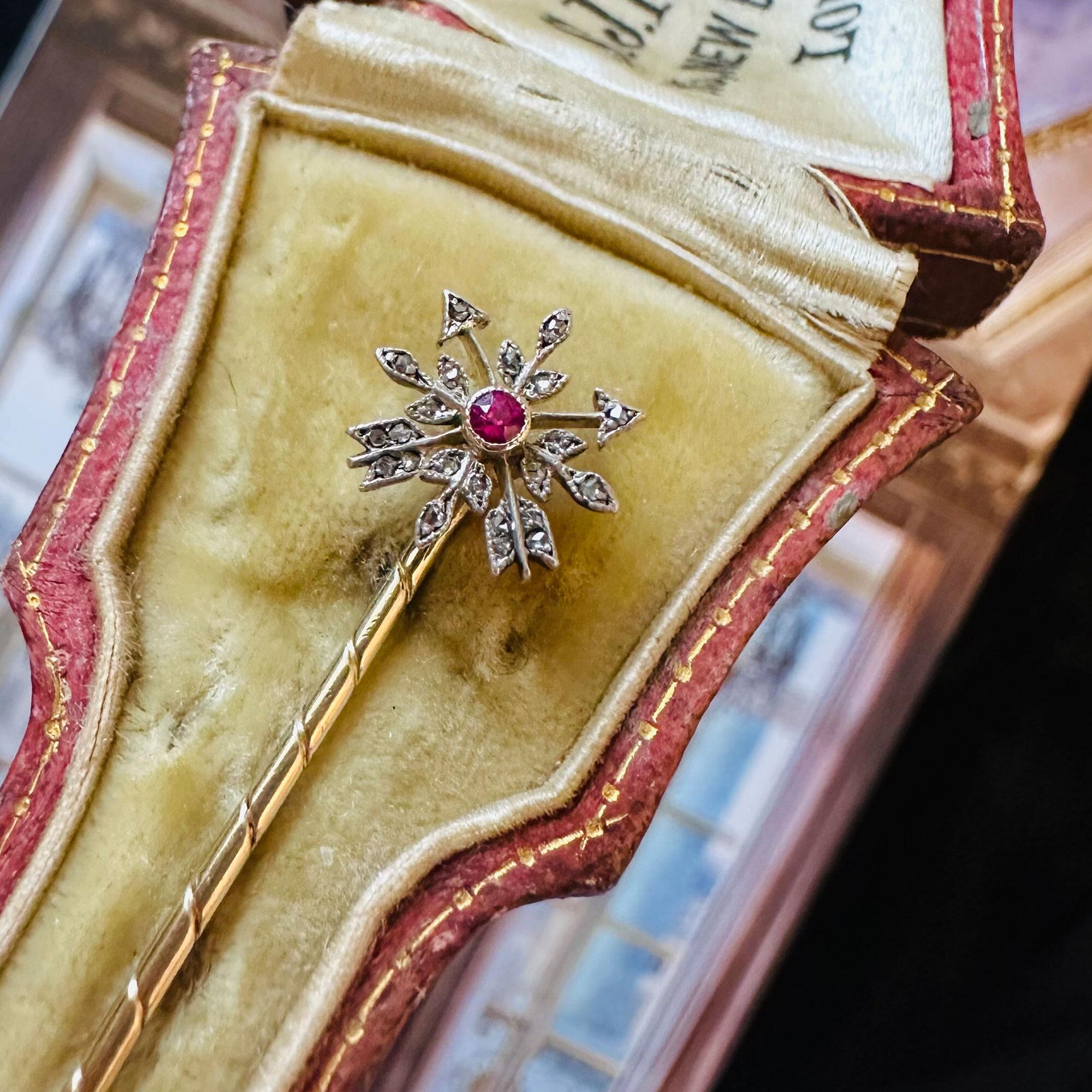 Rare Gold Ruby & Diamond Arrow Stick Pin in antique S J Phillips, Bond Street London box