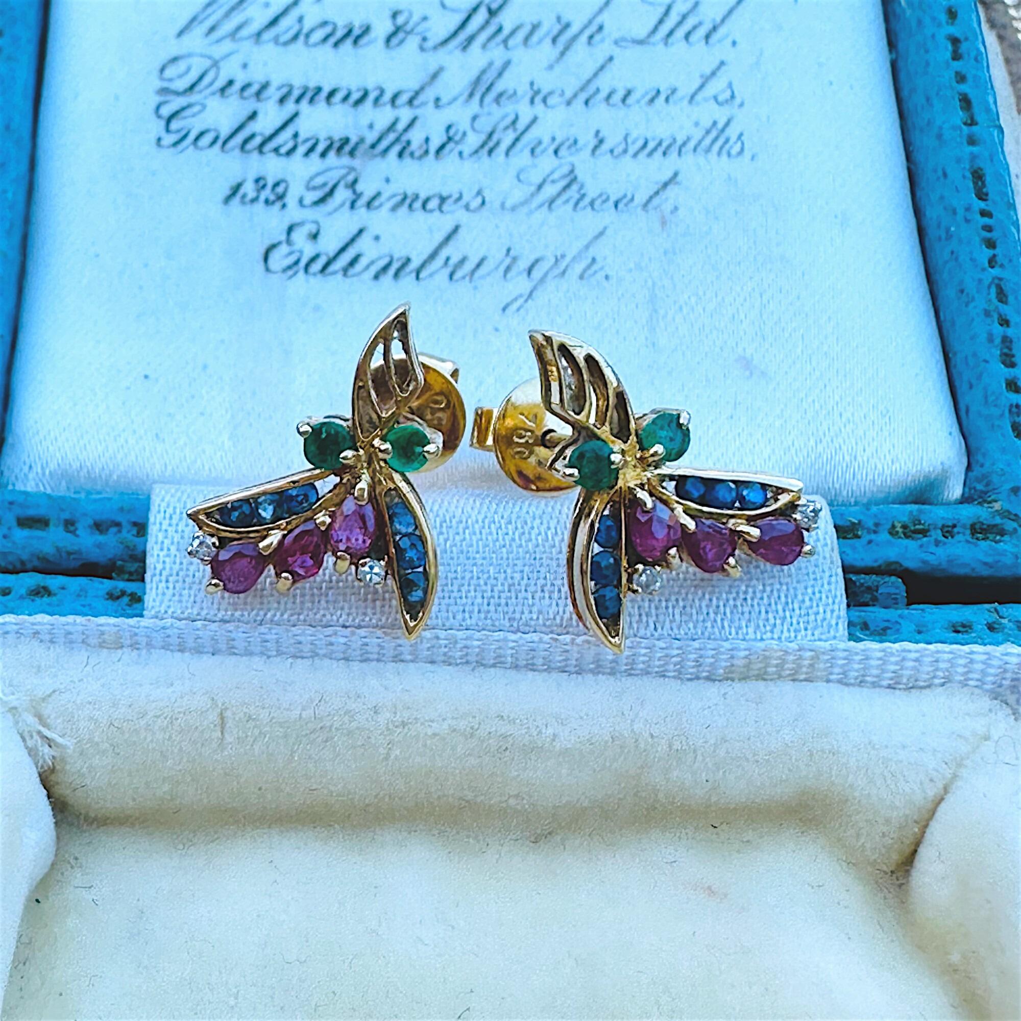 18K Yellow Gold Floral Sprig Earrings with Sapphires, Rubies, Emeralds & Diamonds, displayed in antique box.
