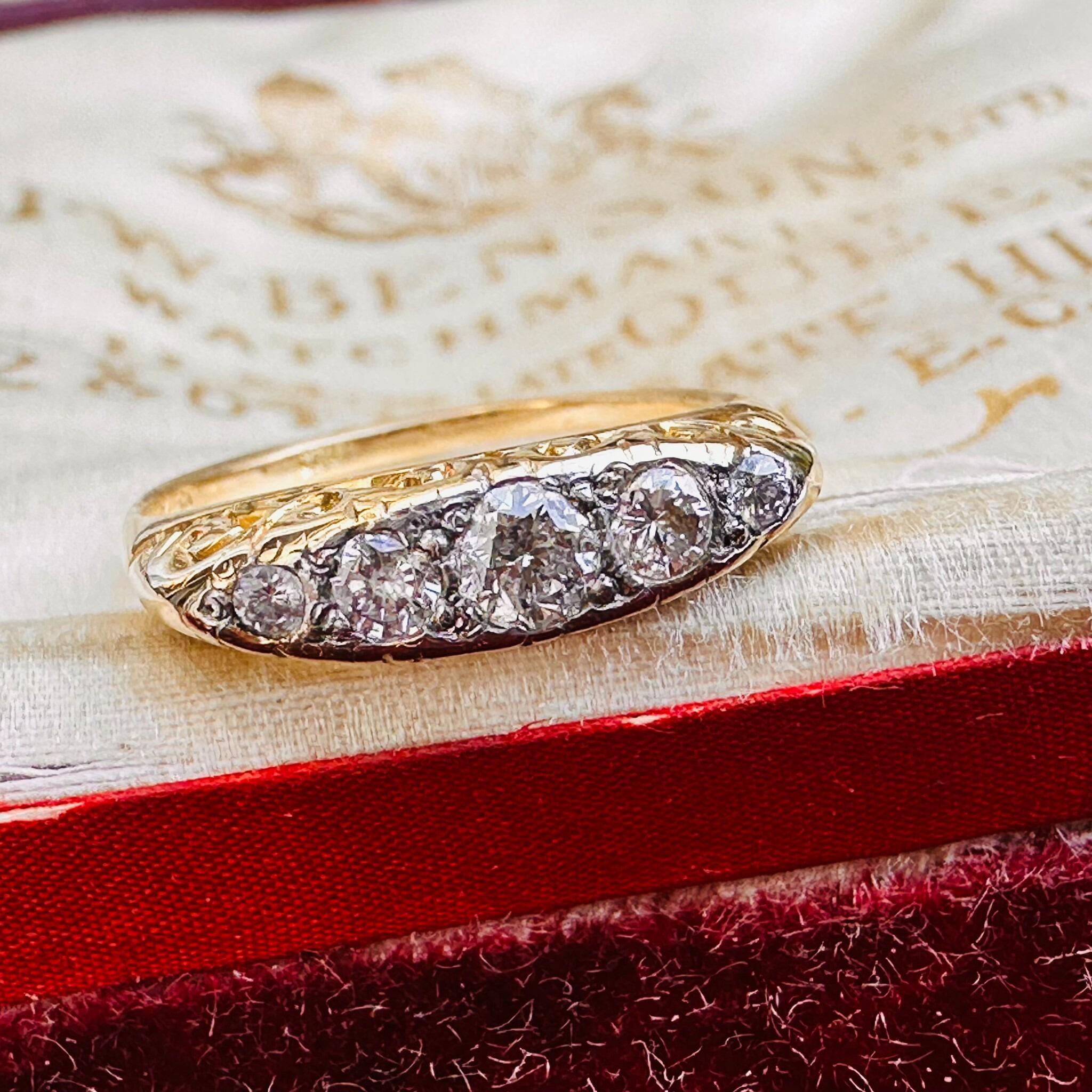 Victorian 18ct Gold Old-Cut Diamond Carved Hoop Ring displayed in antique box.