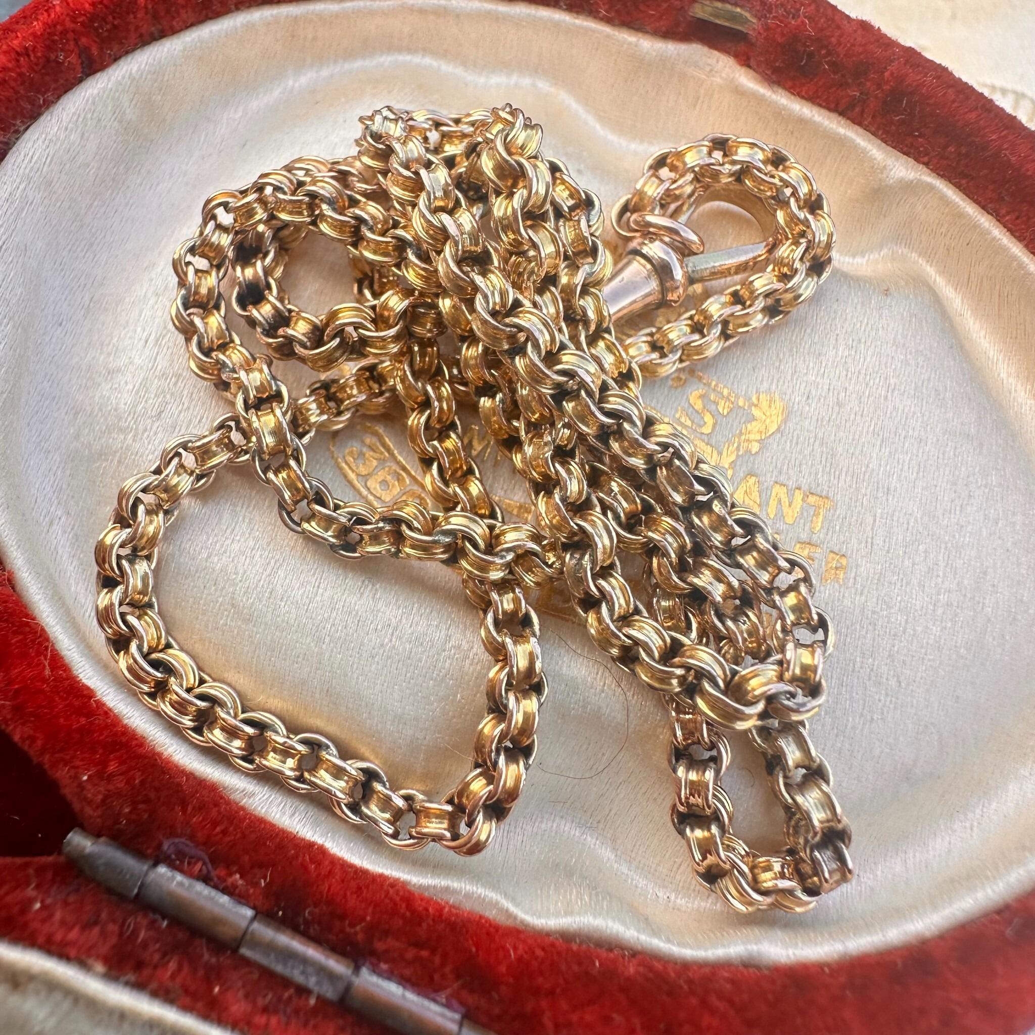 Gold Double Belcher Link Chain& Dog Clip Clasp, displayed in antique box