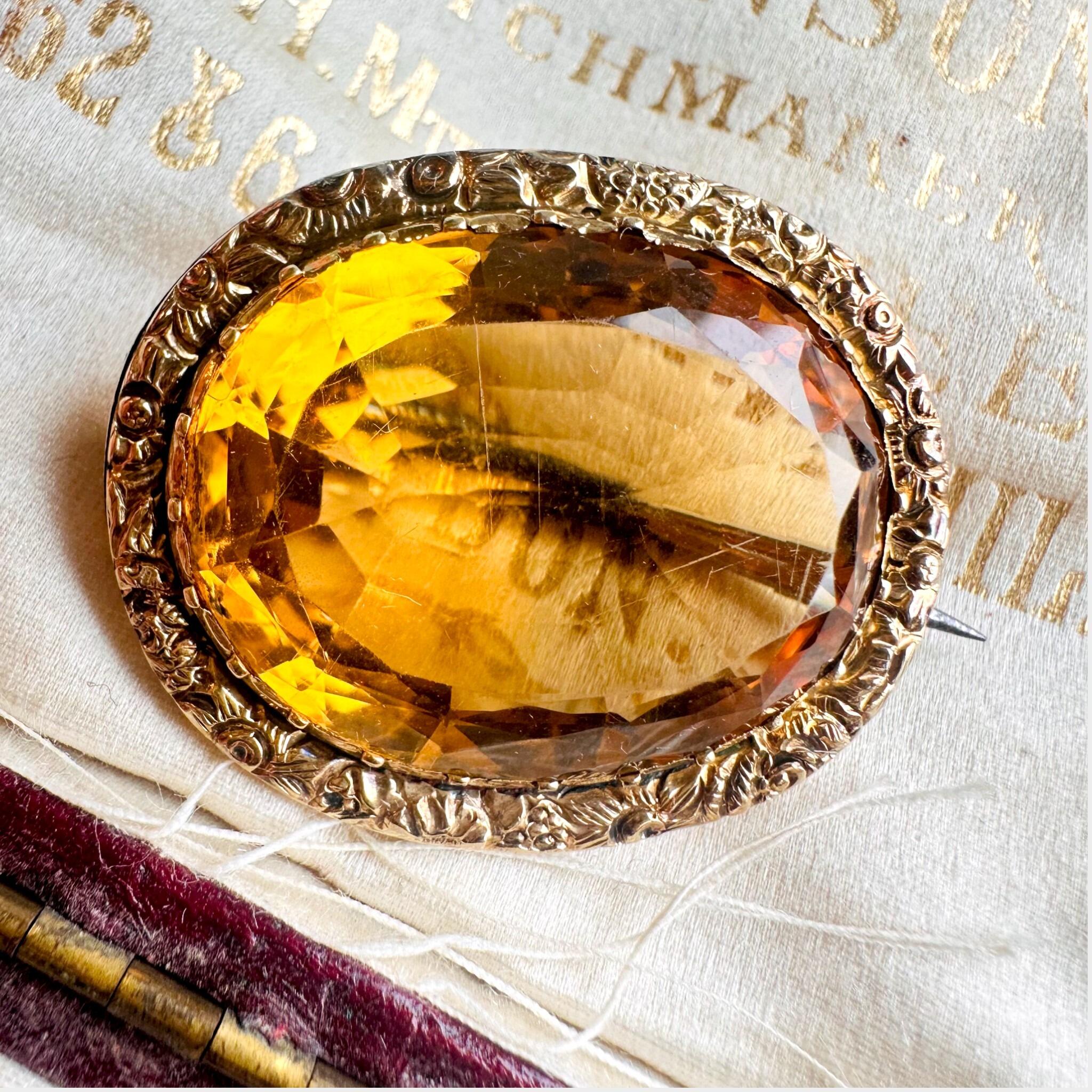 15k Gold large Citrine Brooch, displayed in the antique box.