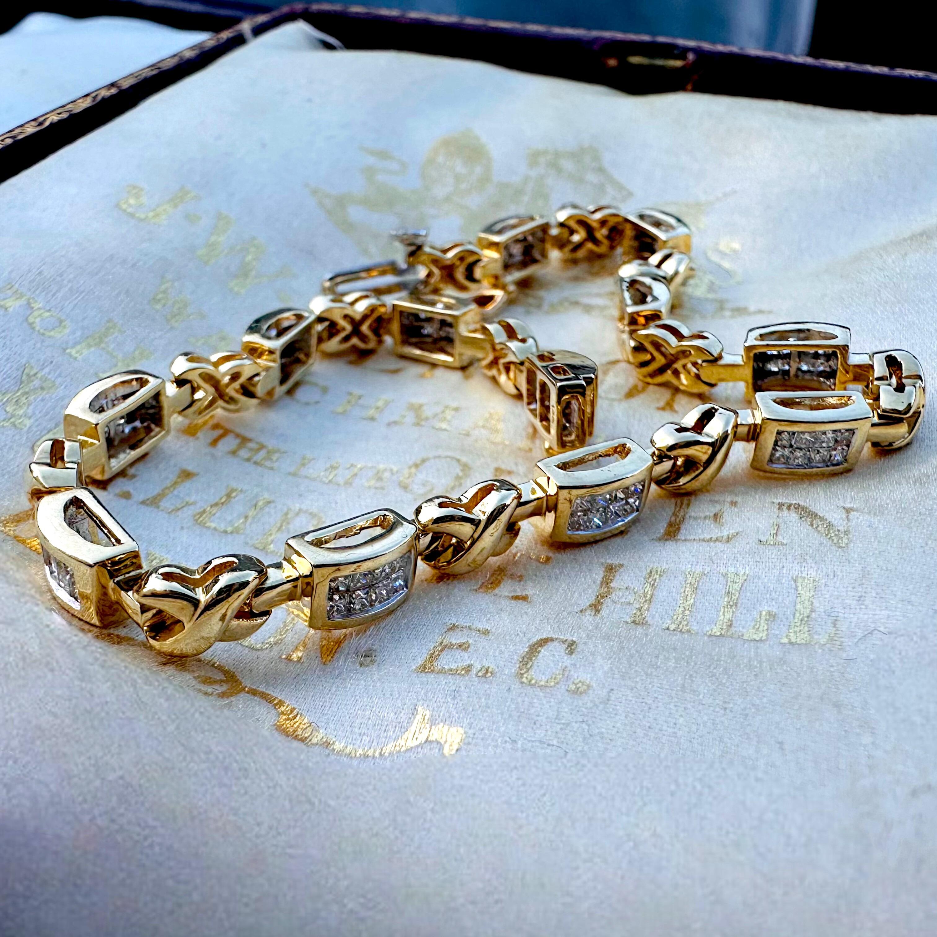 14k Gold Princess Cut Diamond Tennis Bracelet displayed on antique box