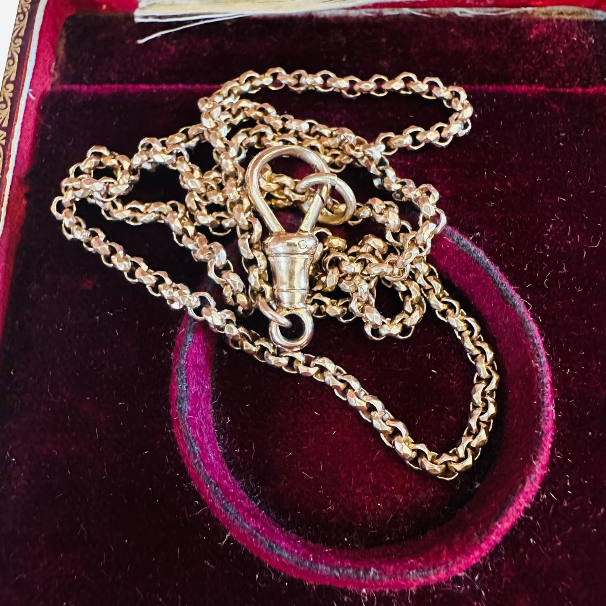 Rose Gold Belcher faceted Chain Necklace & Dog Clip displayed on antique box