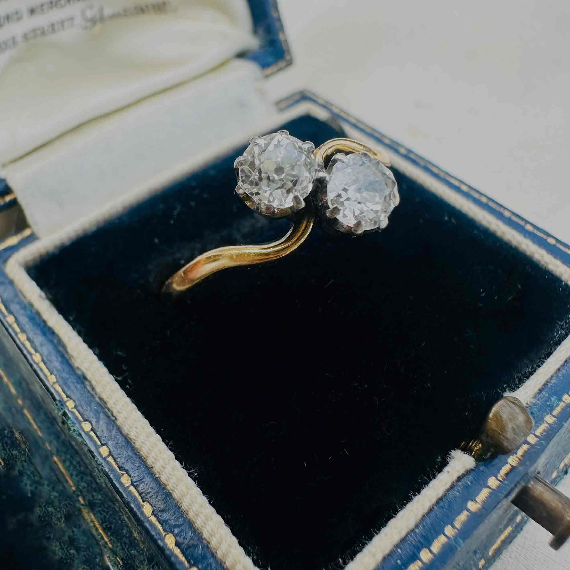 18ct Gold & Diamond Toi et Moi Ring displayed in antique box