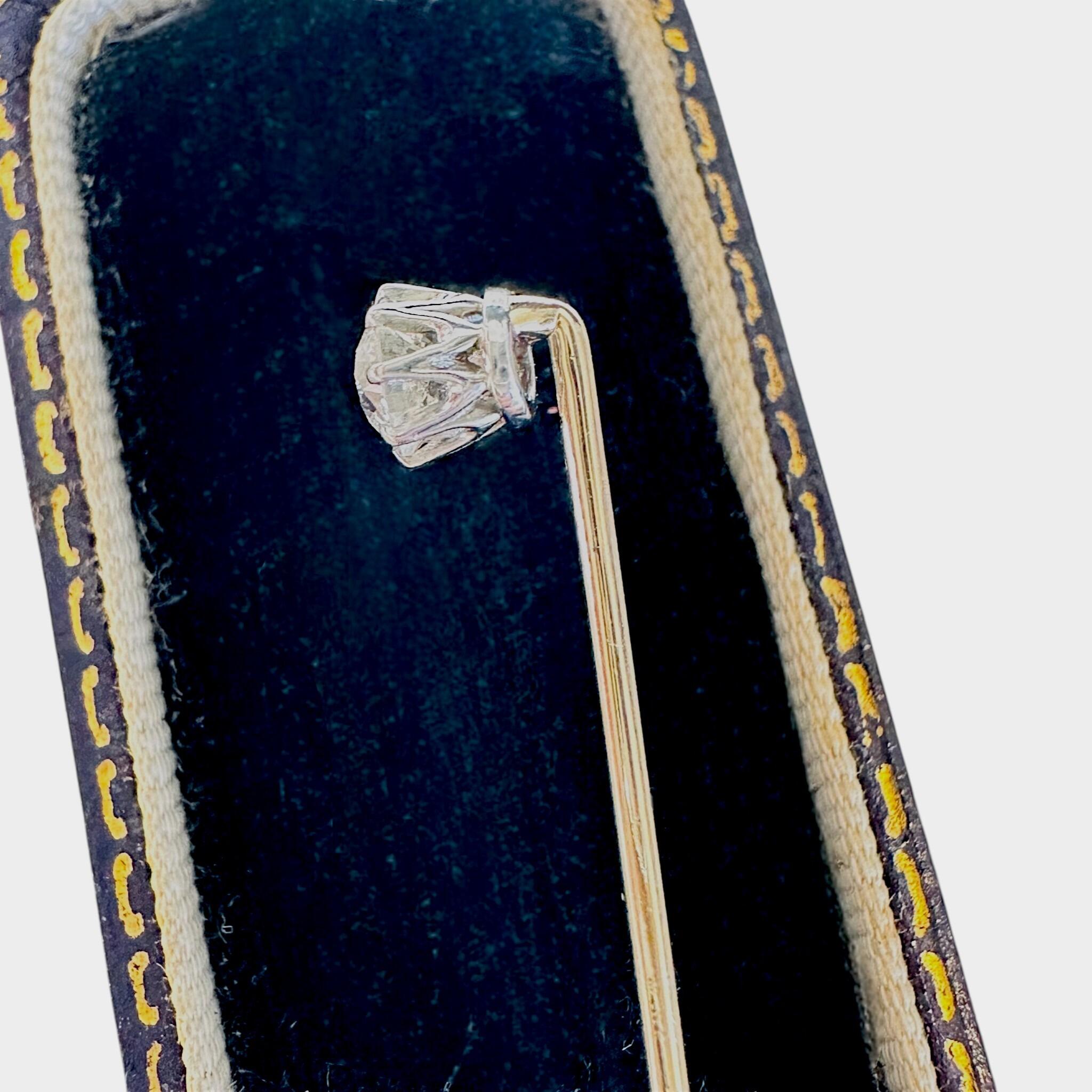 side profile of Edwardian 0.48ct Old European Cut Diamond Stick Pin & Original Box with grey background