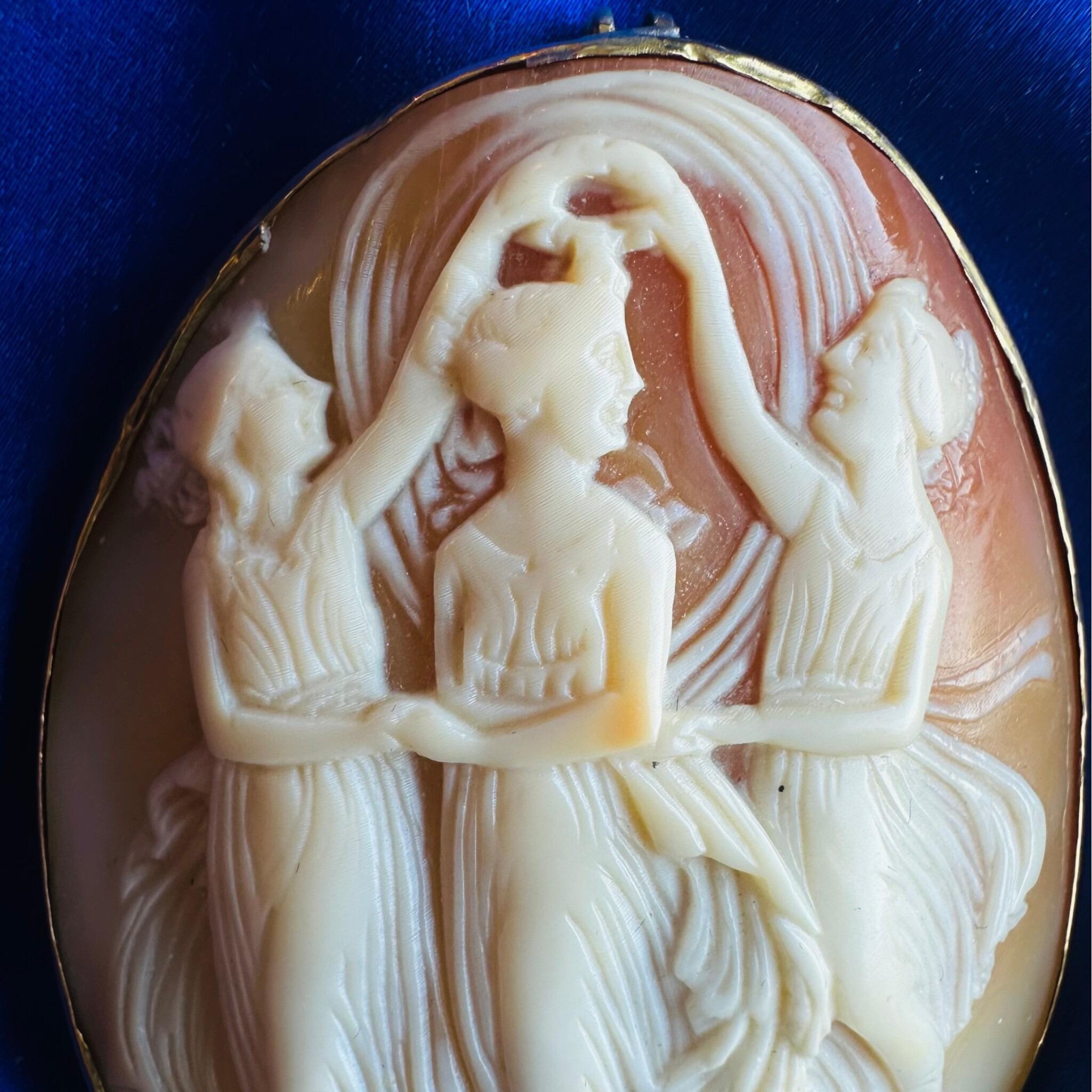 Antique Cameo Brooch Three Graces – Italian Shell Carving, Signed, Gold Mount with black background