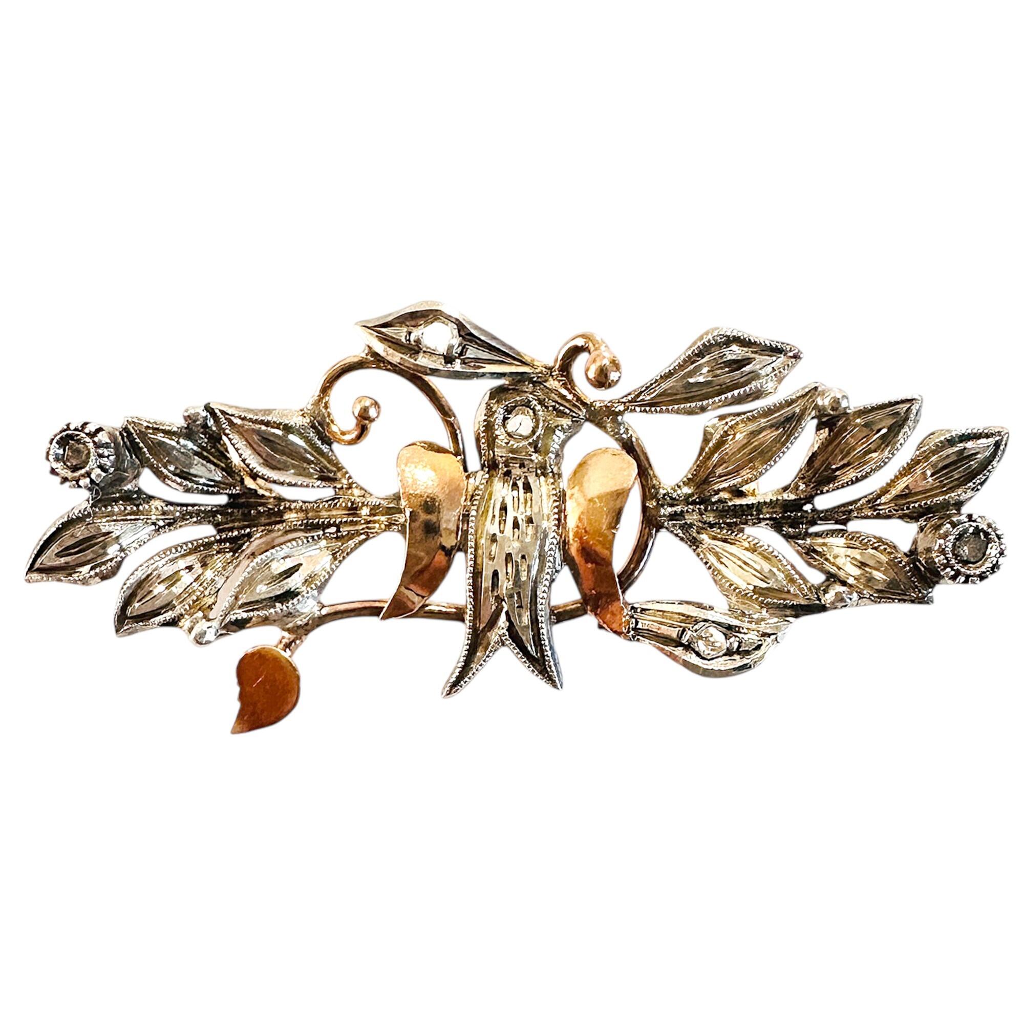 Antique Portuguese rose gold and silver diamond bridal brooch with bird and foliate details