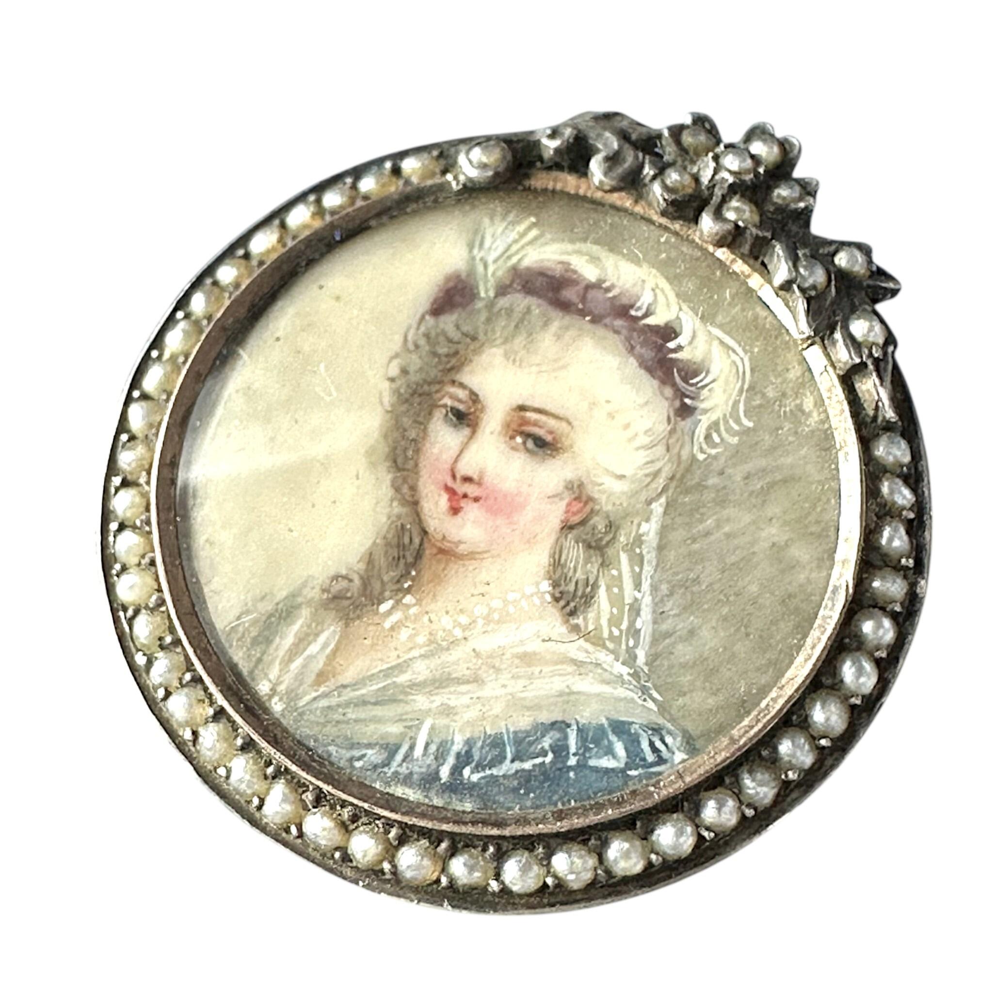 Georgian Marie Antoinette & Silver Seed Pearl Portrait Brooch with white background